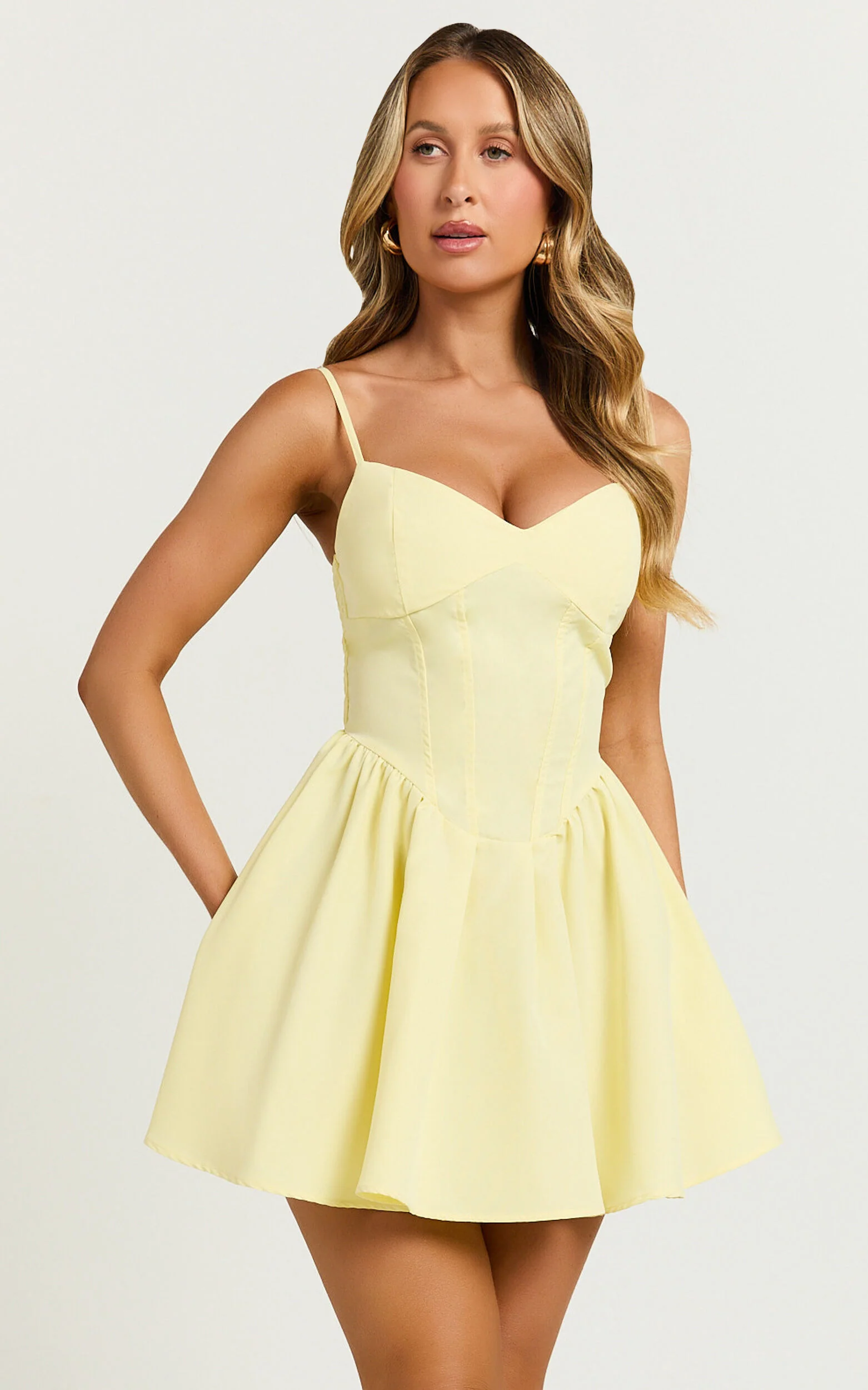 Delaila Mini Dress - Strappy Sweetheart Fit and Flare Dress in Lemon