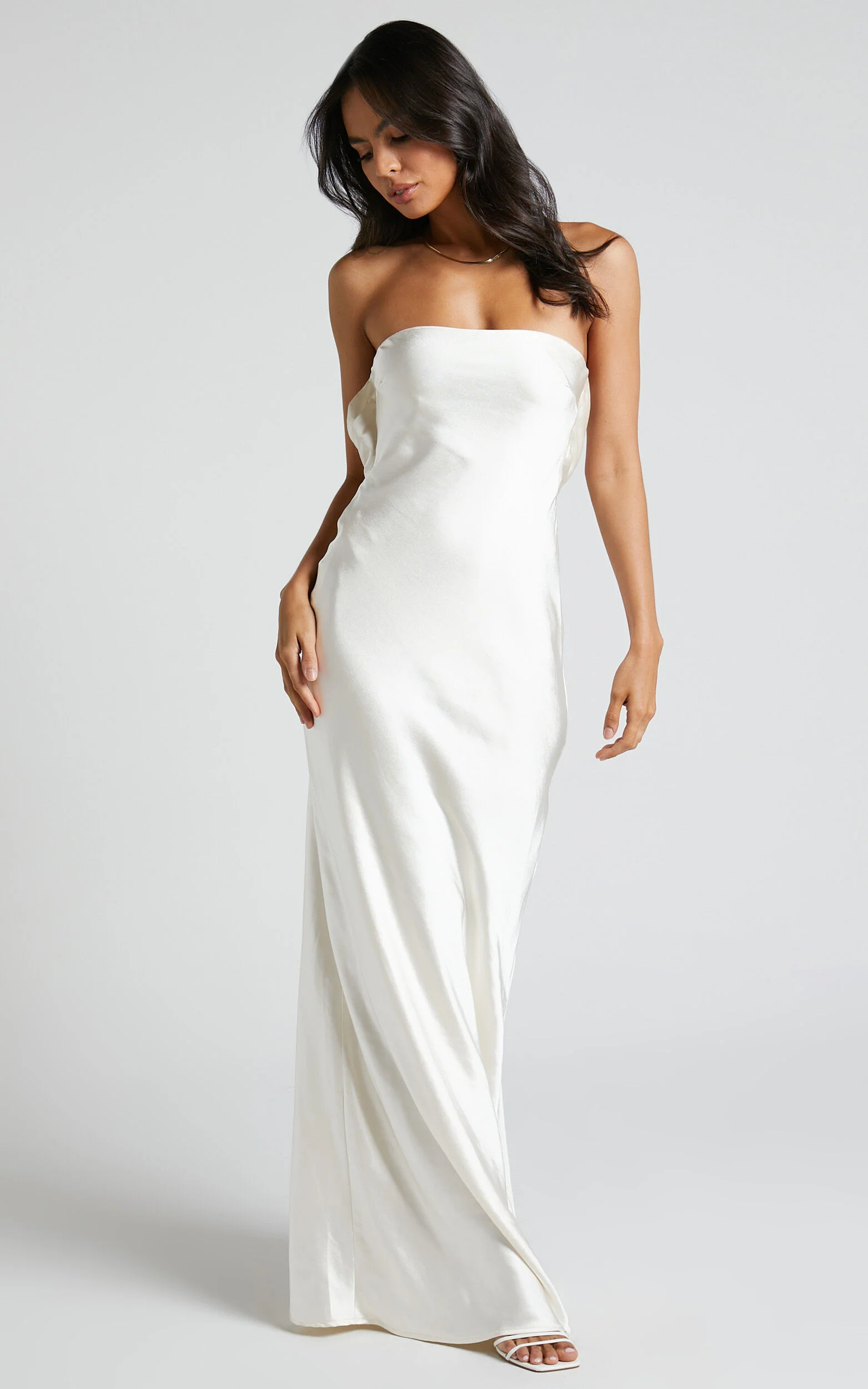 Charlita Maxi Dress - Strapless Cowl Back Satin Dress in Pearl