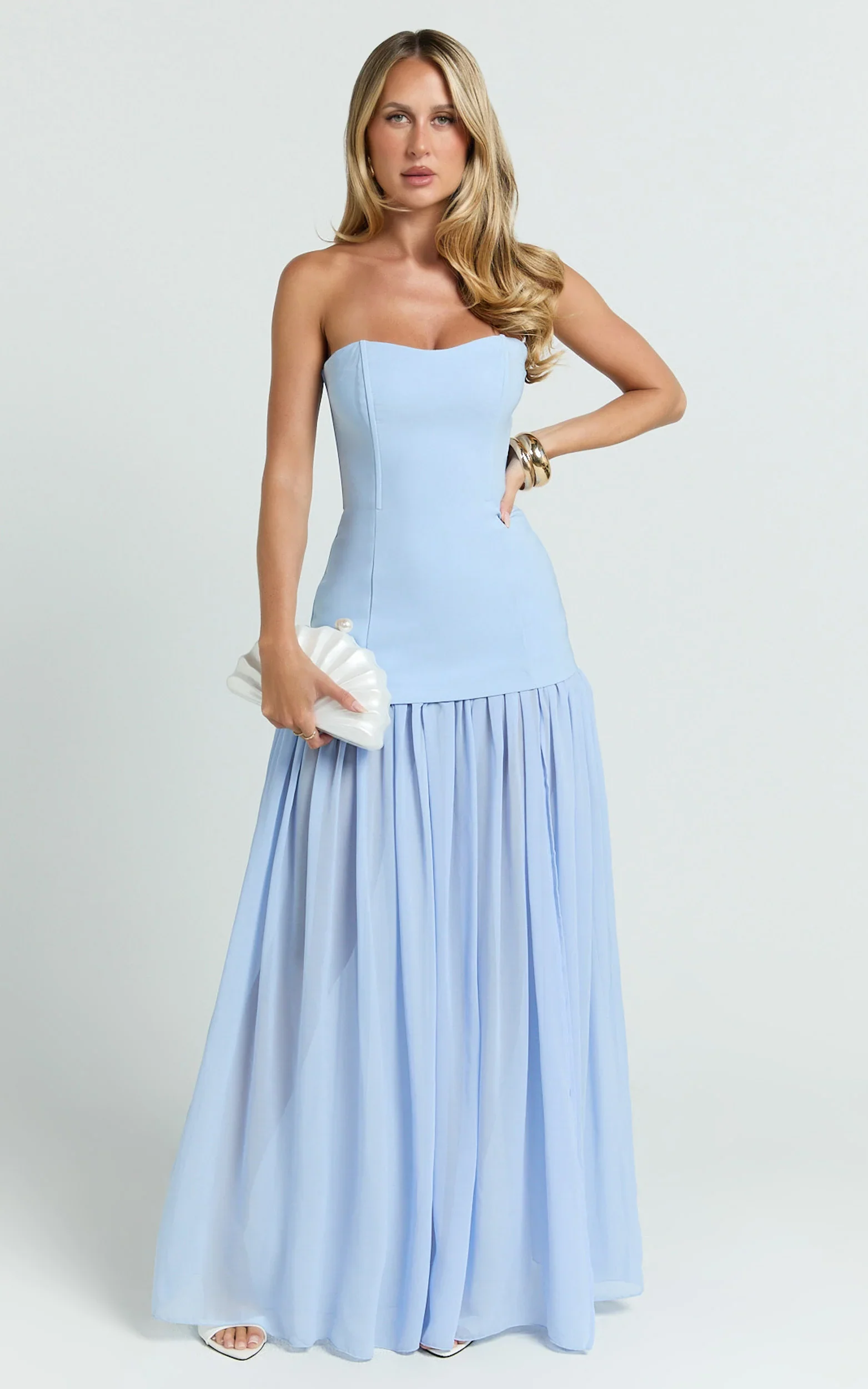 Jocelyn Maxi Dress - Strapless Ruched Fit And Flare Dress in Blue