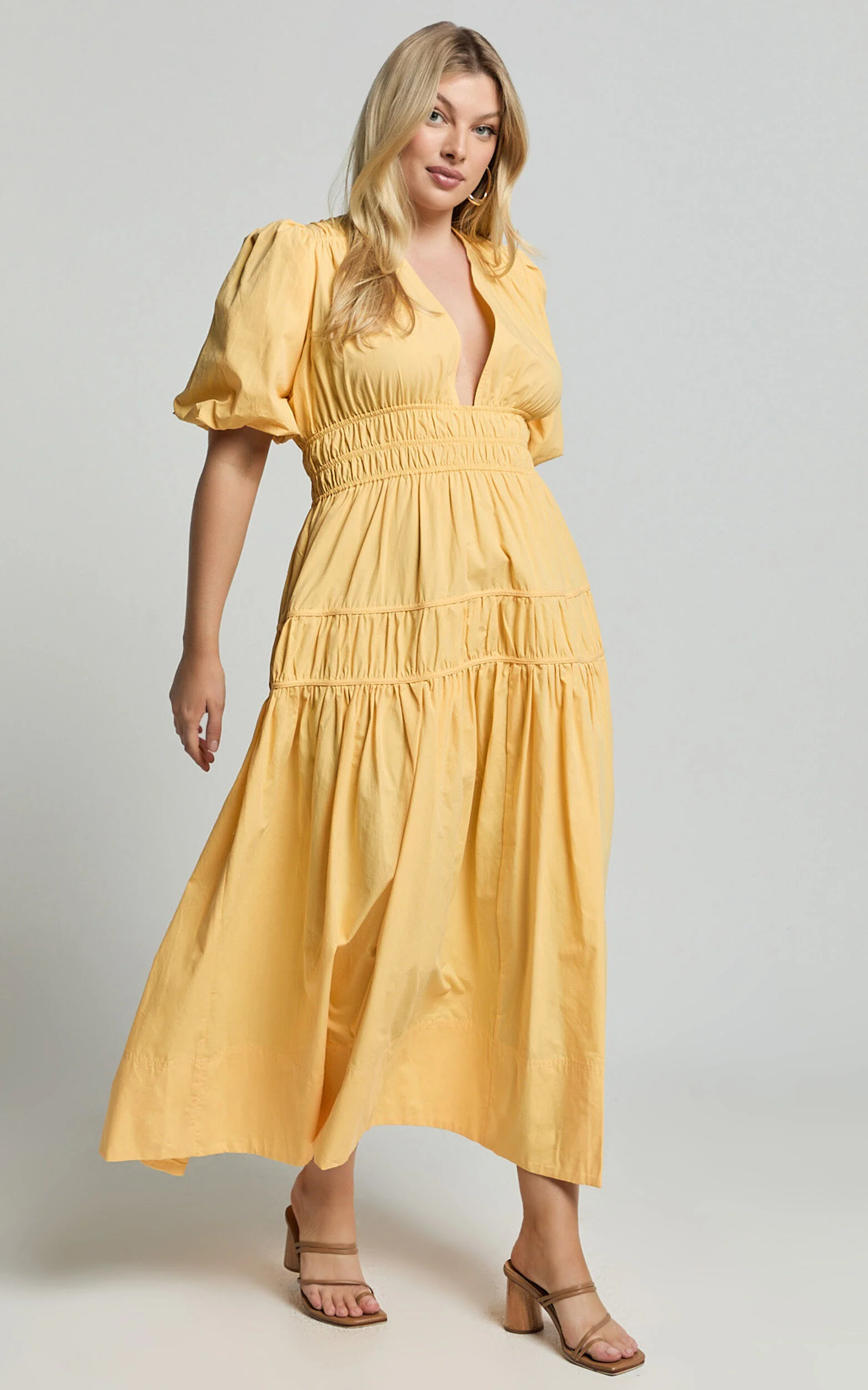 Mellie Midi Dress - Puff Sleeve Plunge Tiered Dress in Pineapple