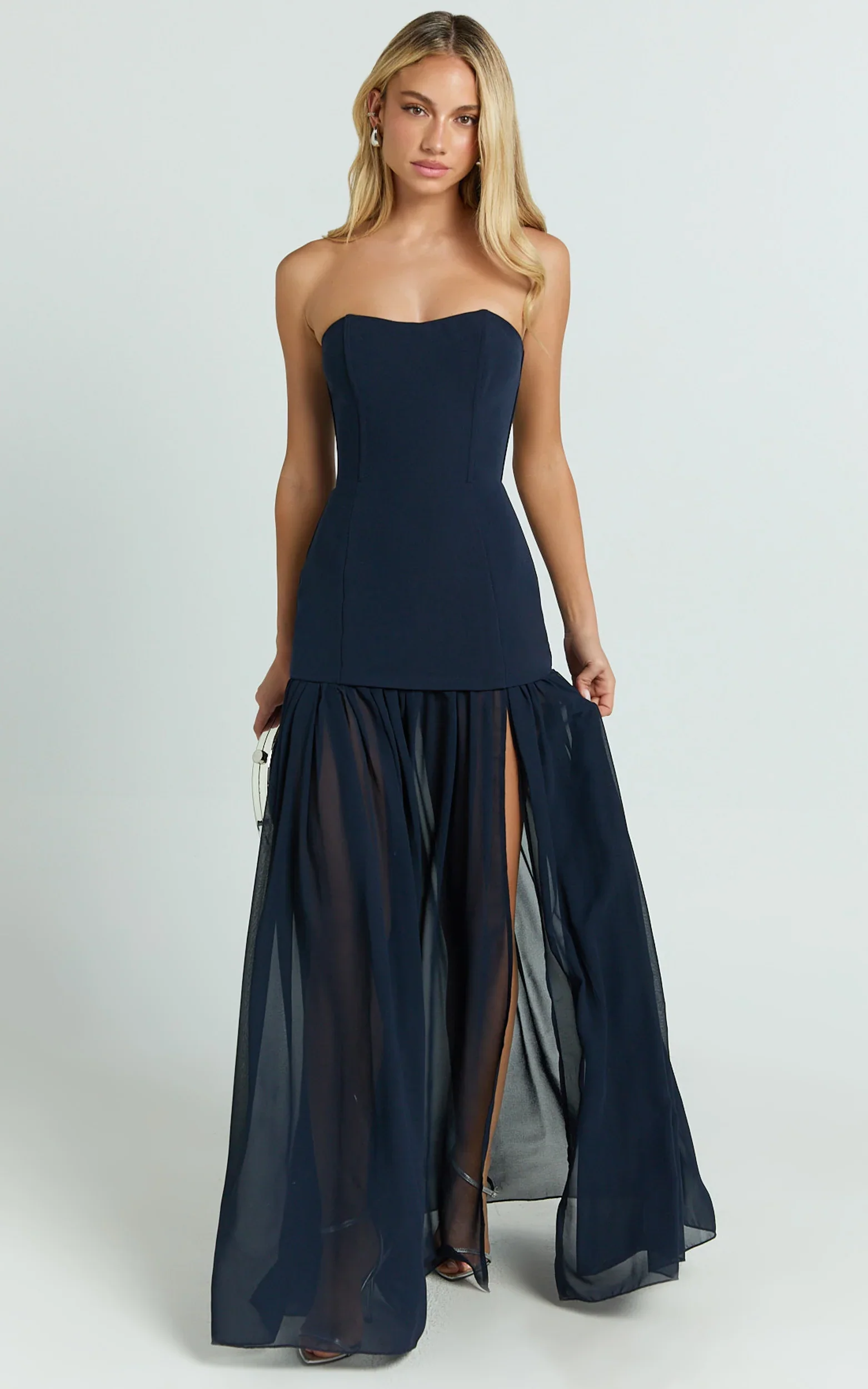 Jocelyn Maxi Dress - Strapless Ruched Fit And Flare Dress in Navy