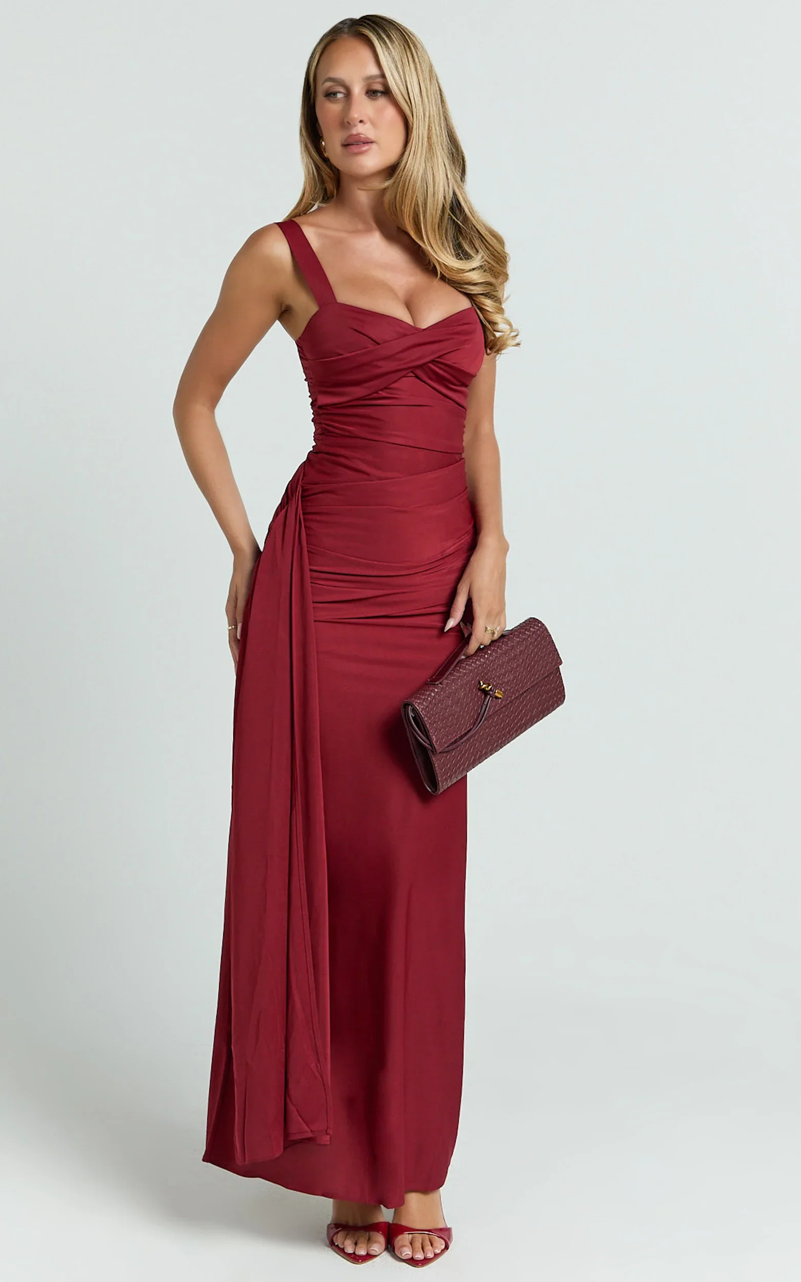 Roxanne Maxi Dress - Sweetheart Neck Gathered Bodycon Dress in Red