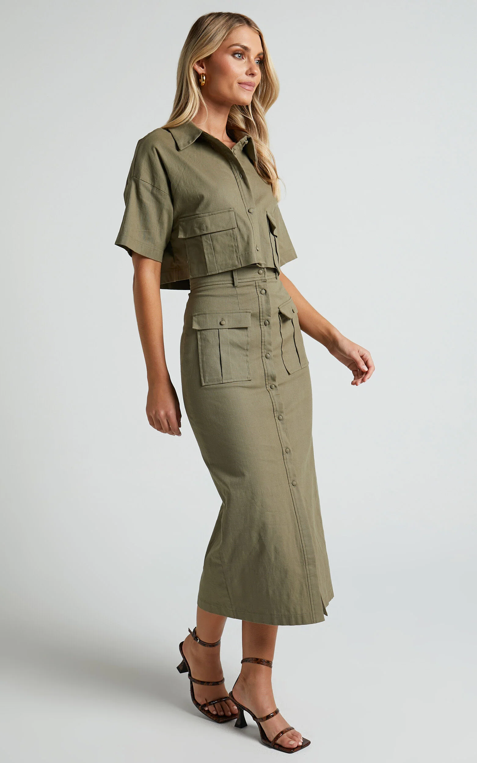 Davina Two Piece Set - Button Front Top and Midi Skirt Set in Khaki