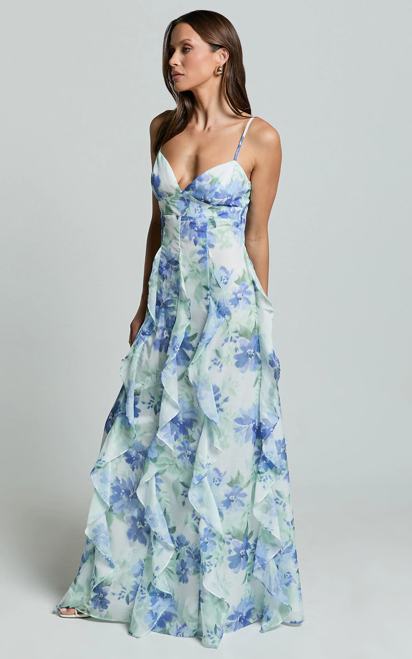 Amalie The Label - Rosalie Strappy Cut Out Ruffle Detail Maxi Dress in Elysian Print