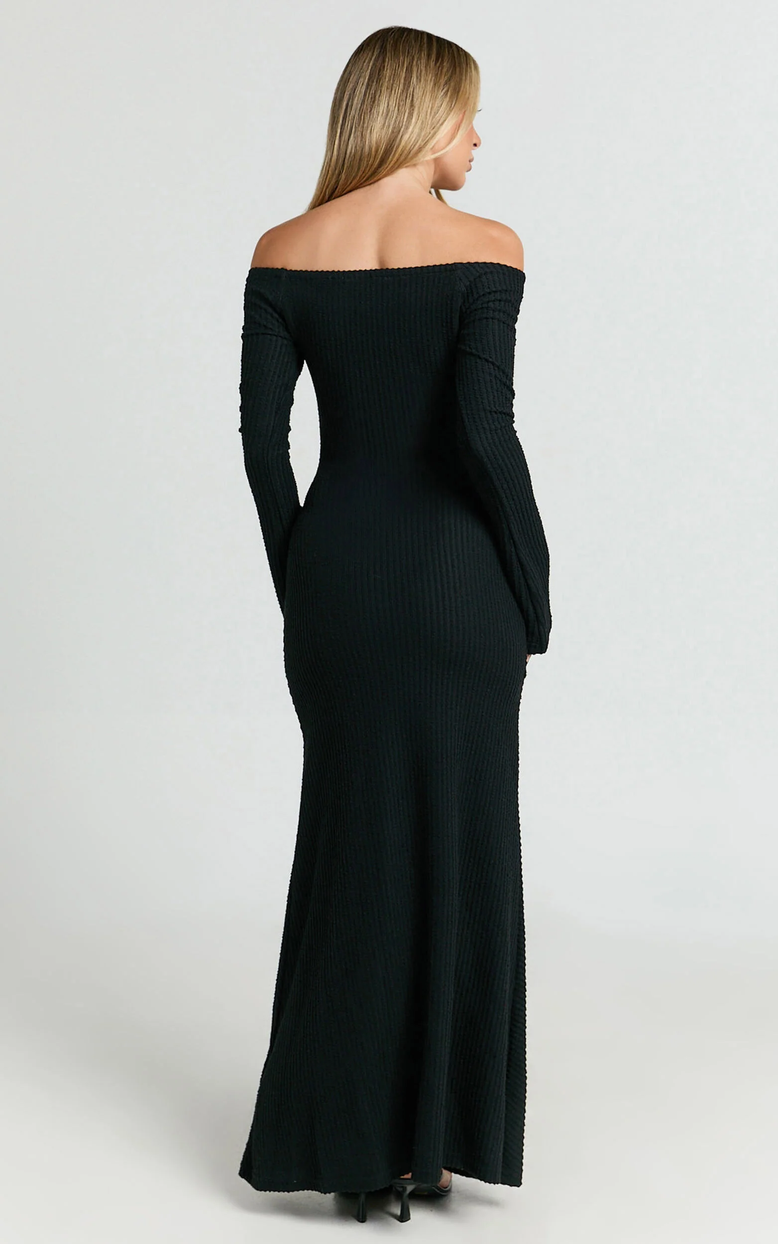 Ayla Maxi Dress - Off Shoulder Flared Sleeve Bodycon Dress in Black