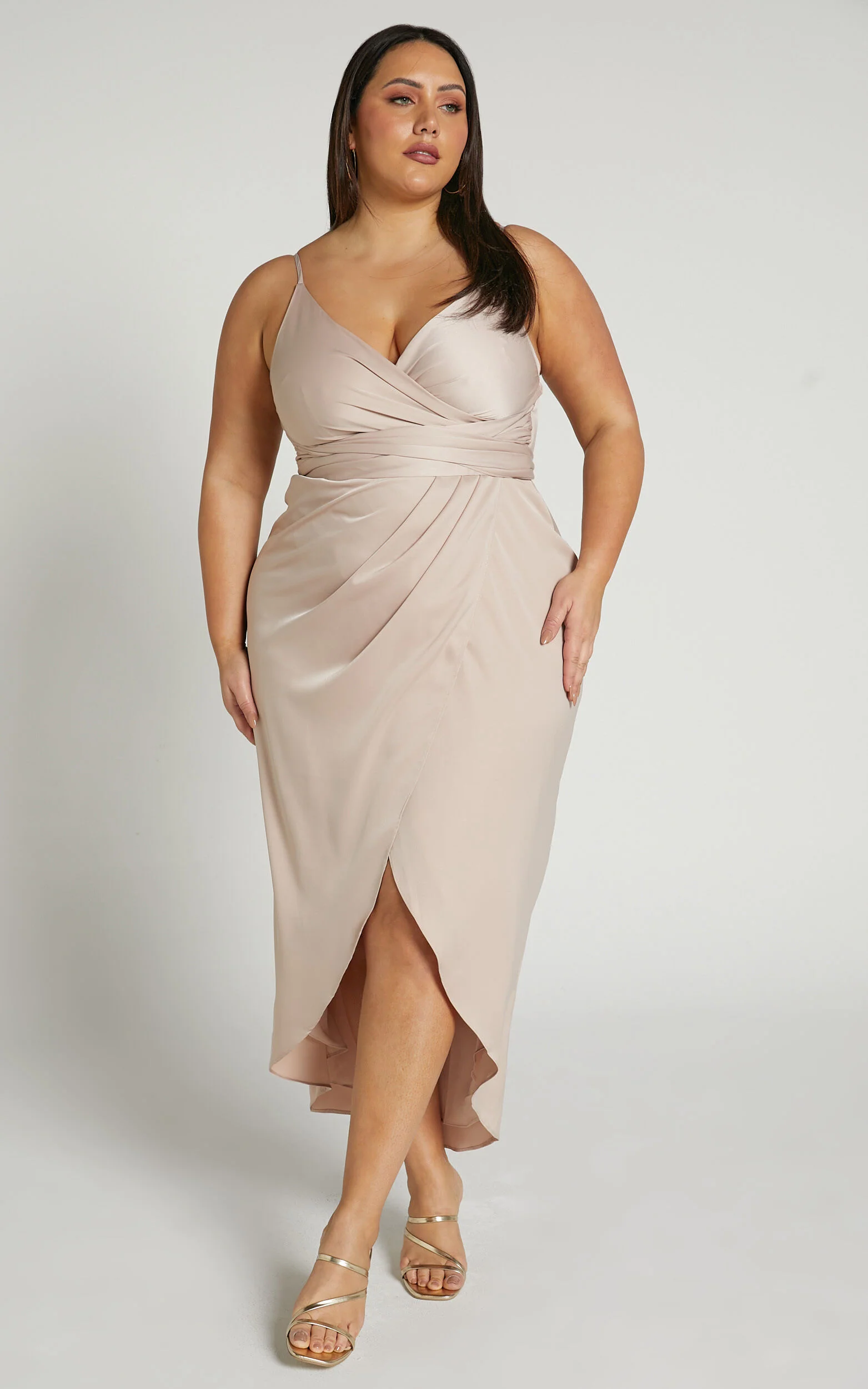How Will I Know Midi Dress - Wrap Waist Tie Tulip Hem Dress in Champagne