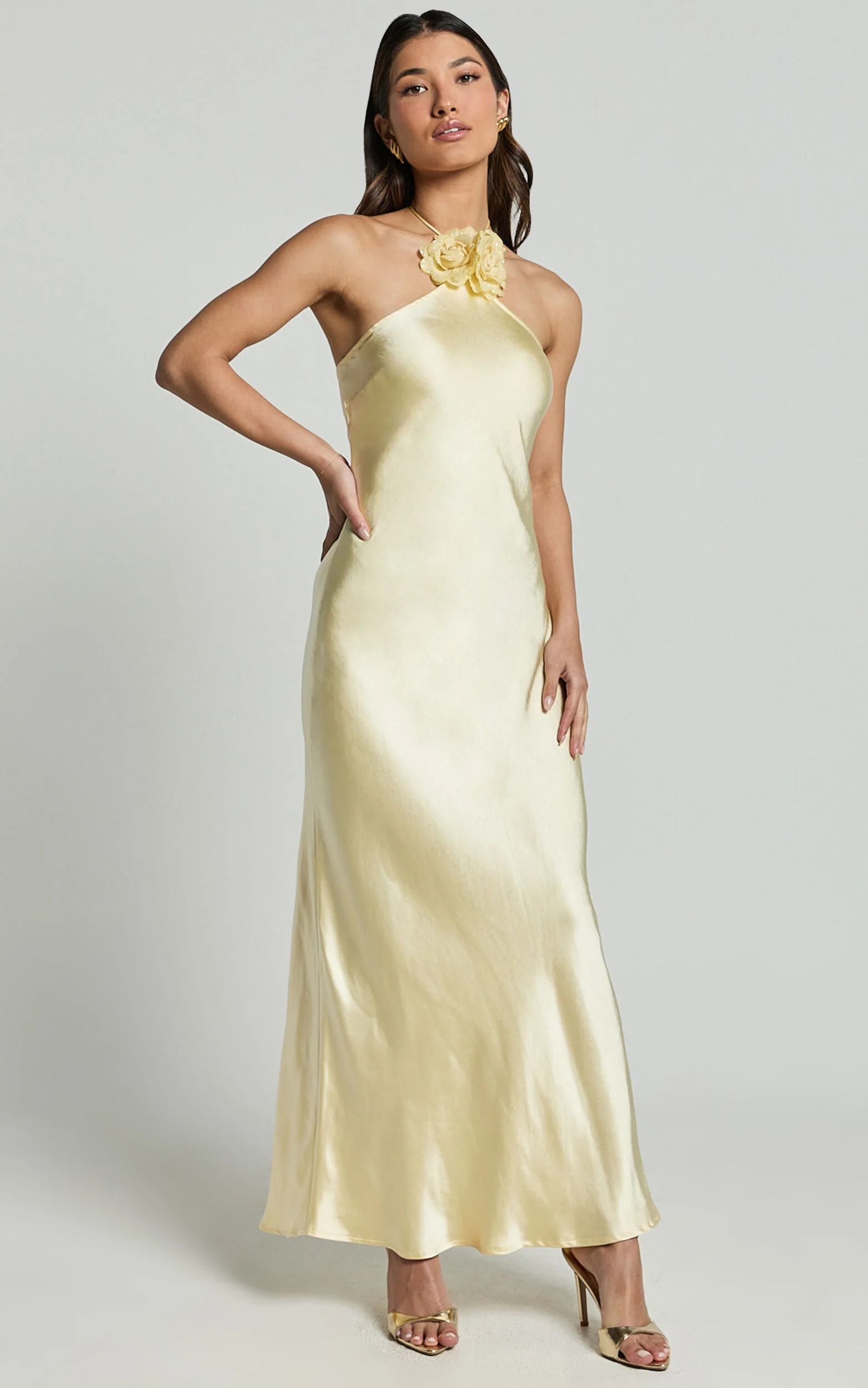 Keithy Midi Dress - Rosette Halter Neck Slip Dress in Lemon