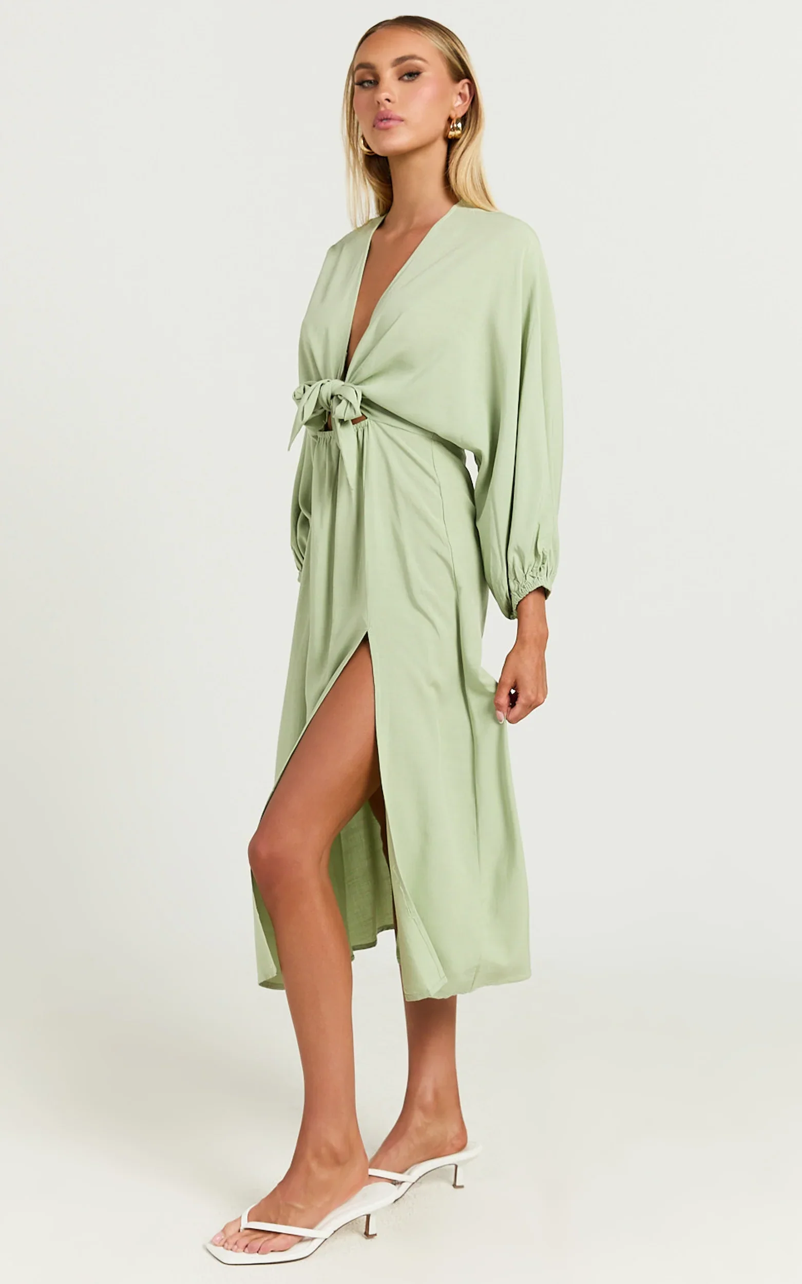 Tyricia Midi Dress - Long Sleeve Tie Front Cut Out Dress in Sage