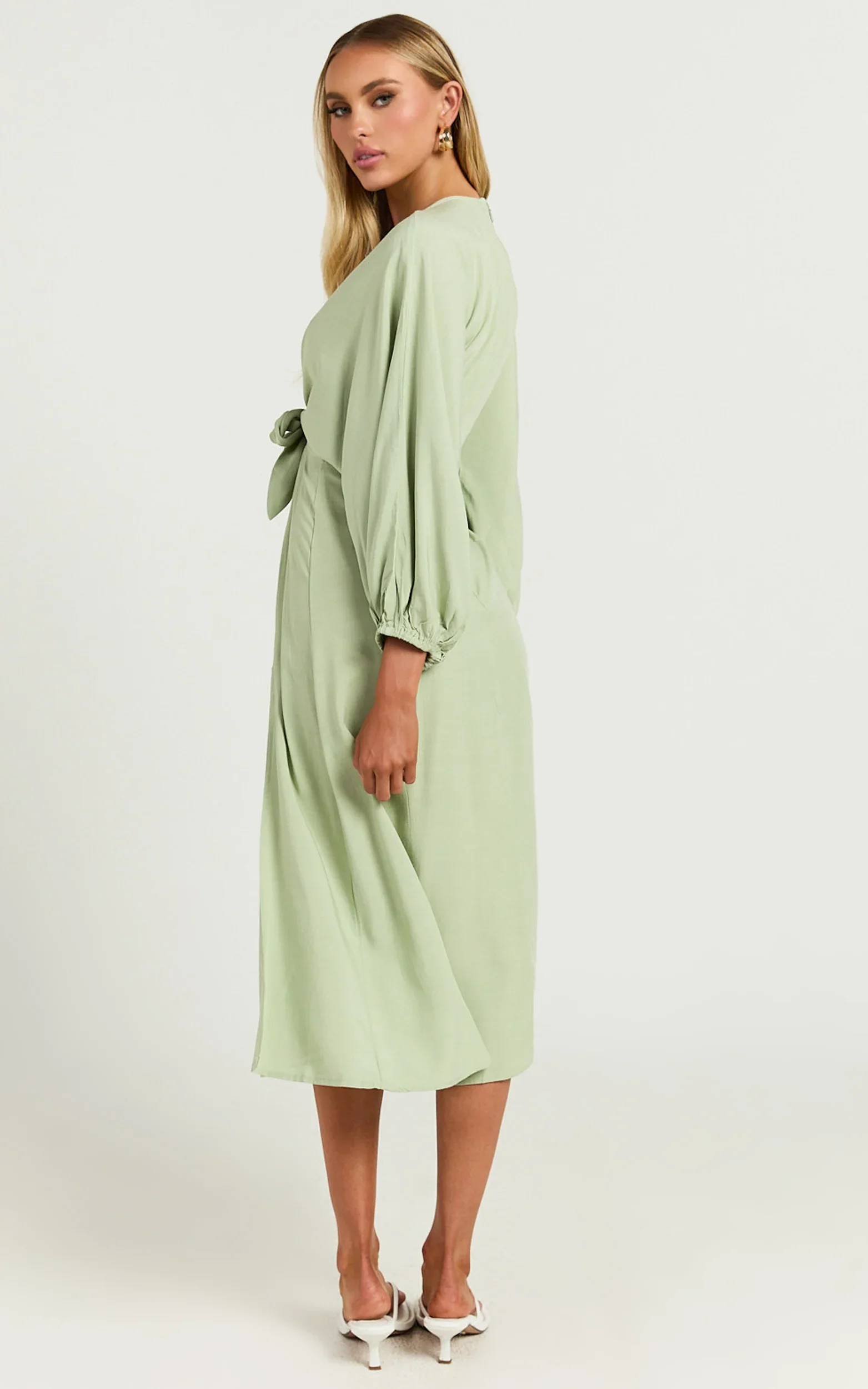 Tyricia Midi Dress - Long Sleeve Tie Front Cut Out Dress in Sage