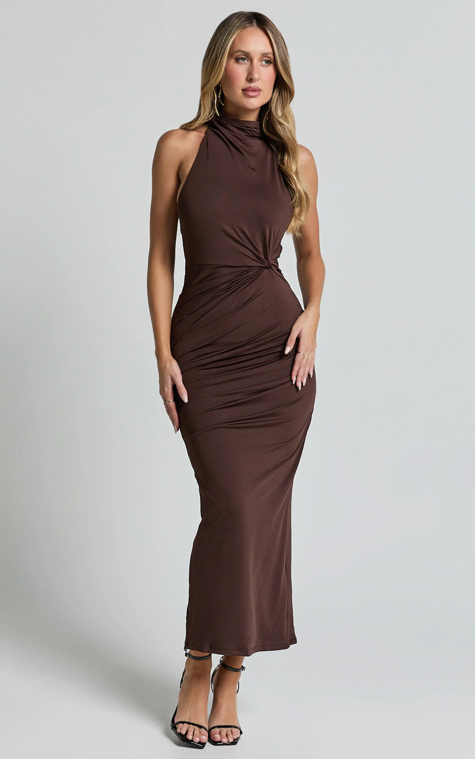 Olenna Midi Dress - Halter Neck Twist Detail Tie Back Dress in Chocolate