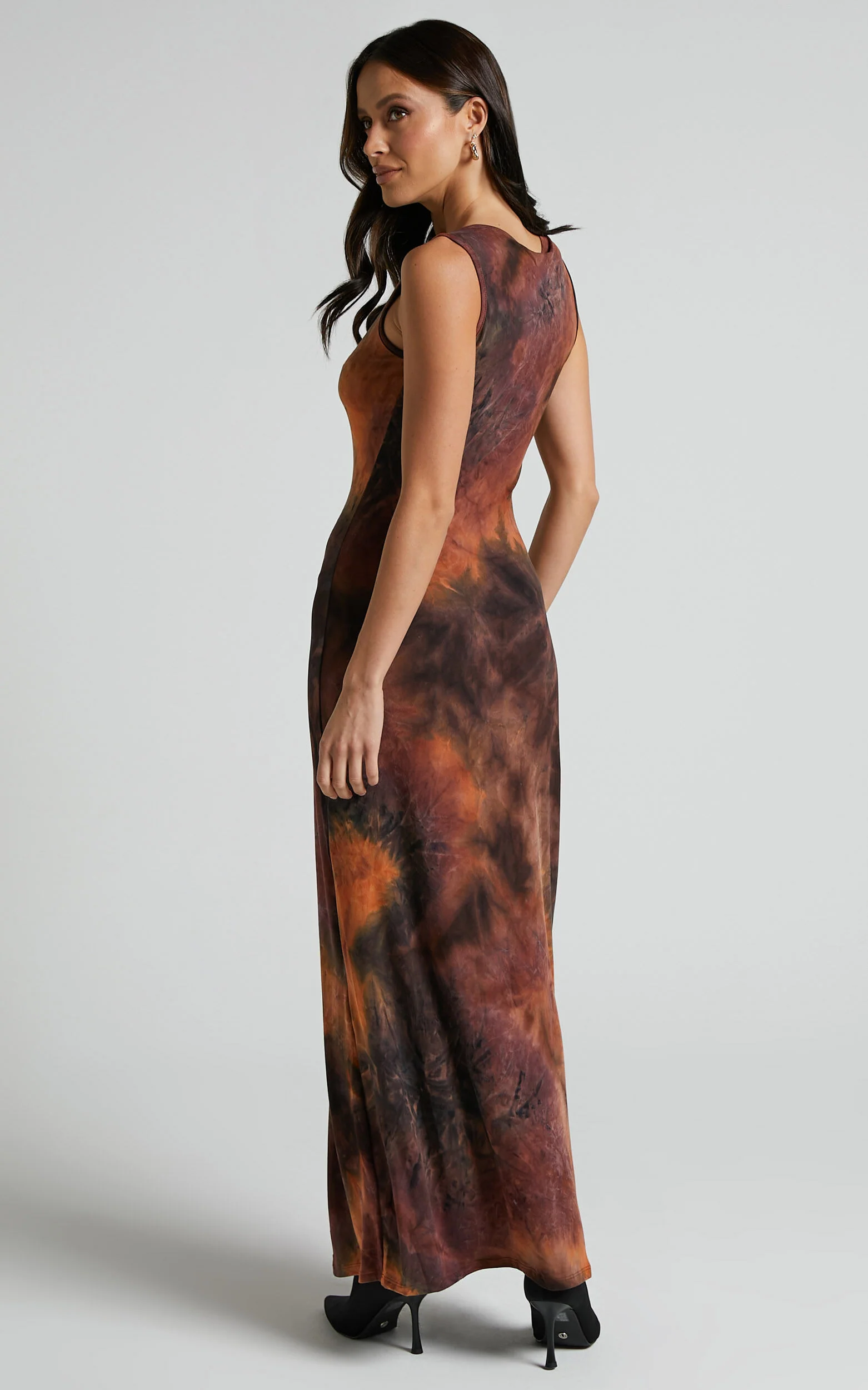 Amayra Midi Dress - High Neck Bodycon Dress in Brown Tie Dye