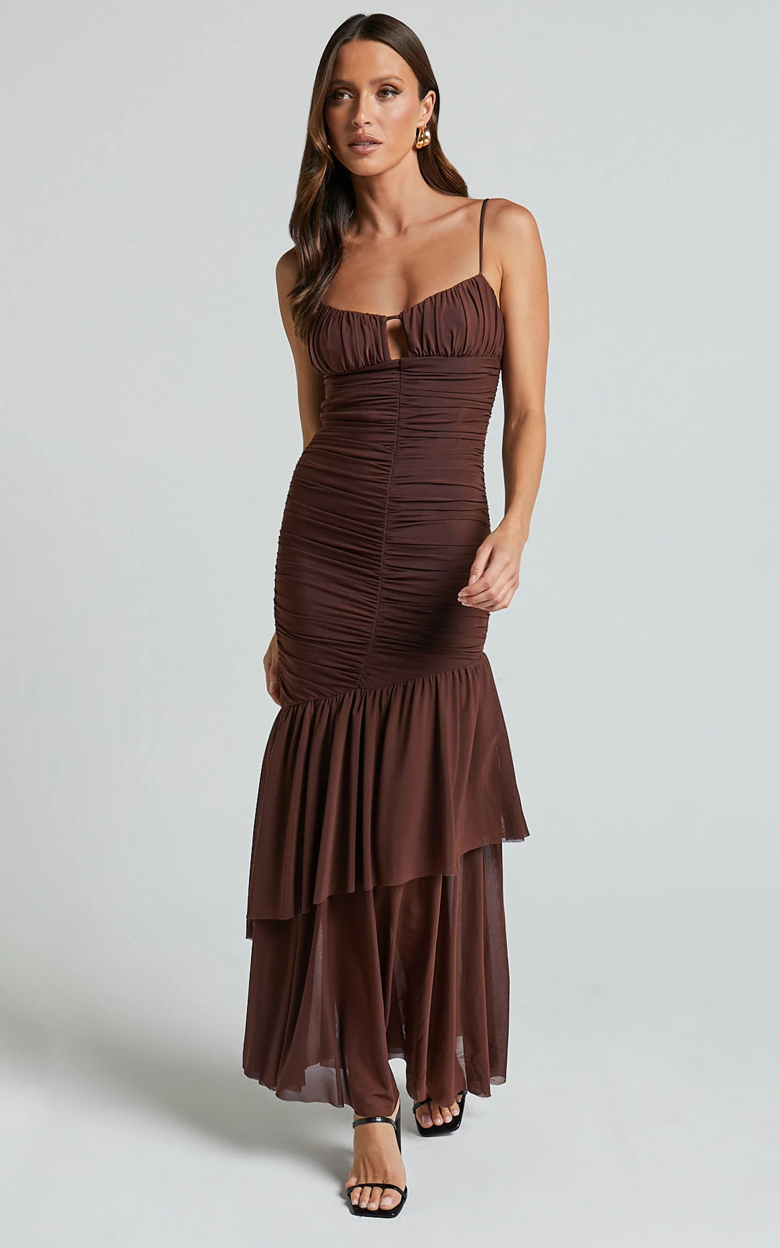 Harlene Maxi Dress- Ruched Mesh Frill Hem Dress in Chocolate