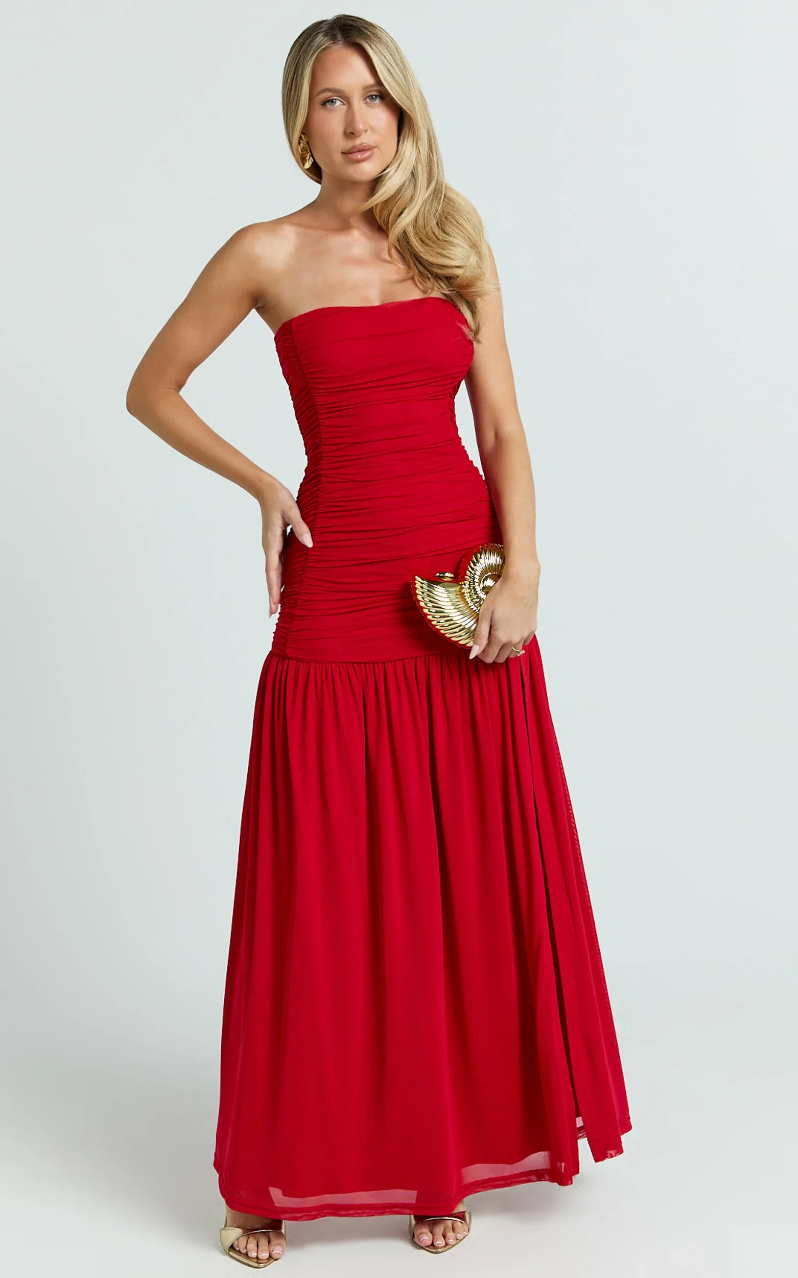 Cardi Maxi Dress - Ruched Mesh High Leg Split Dress in Red