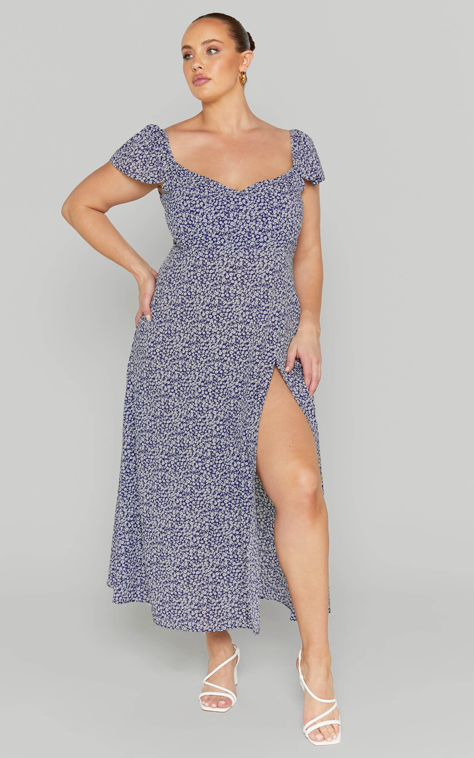 Donissa Midi Dress - Thigh Split Flutter Sleeve Dress in Blue