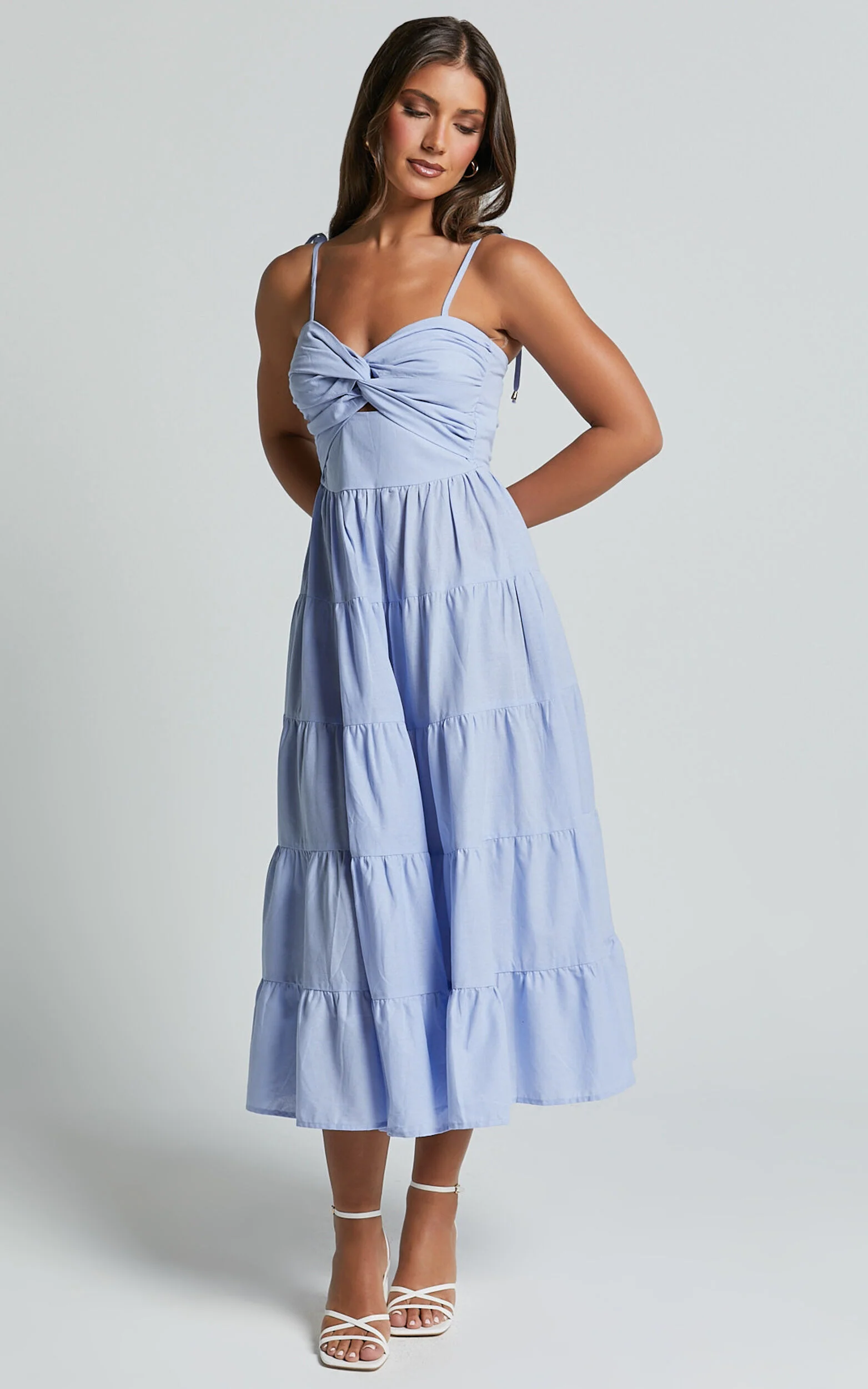 Leticia Midi Dress - Twist Front Tie Strap Tiered Dress in Pale Blue