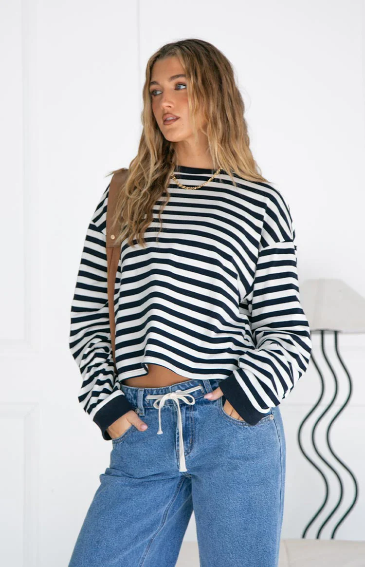 So Breezy Navy Stripe Long Sleeve Top