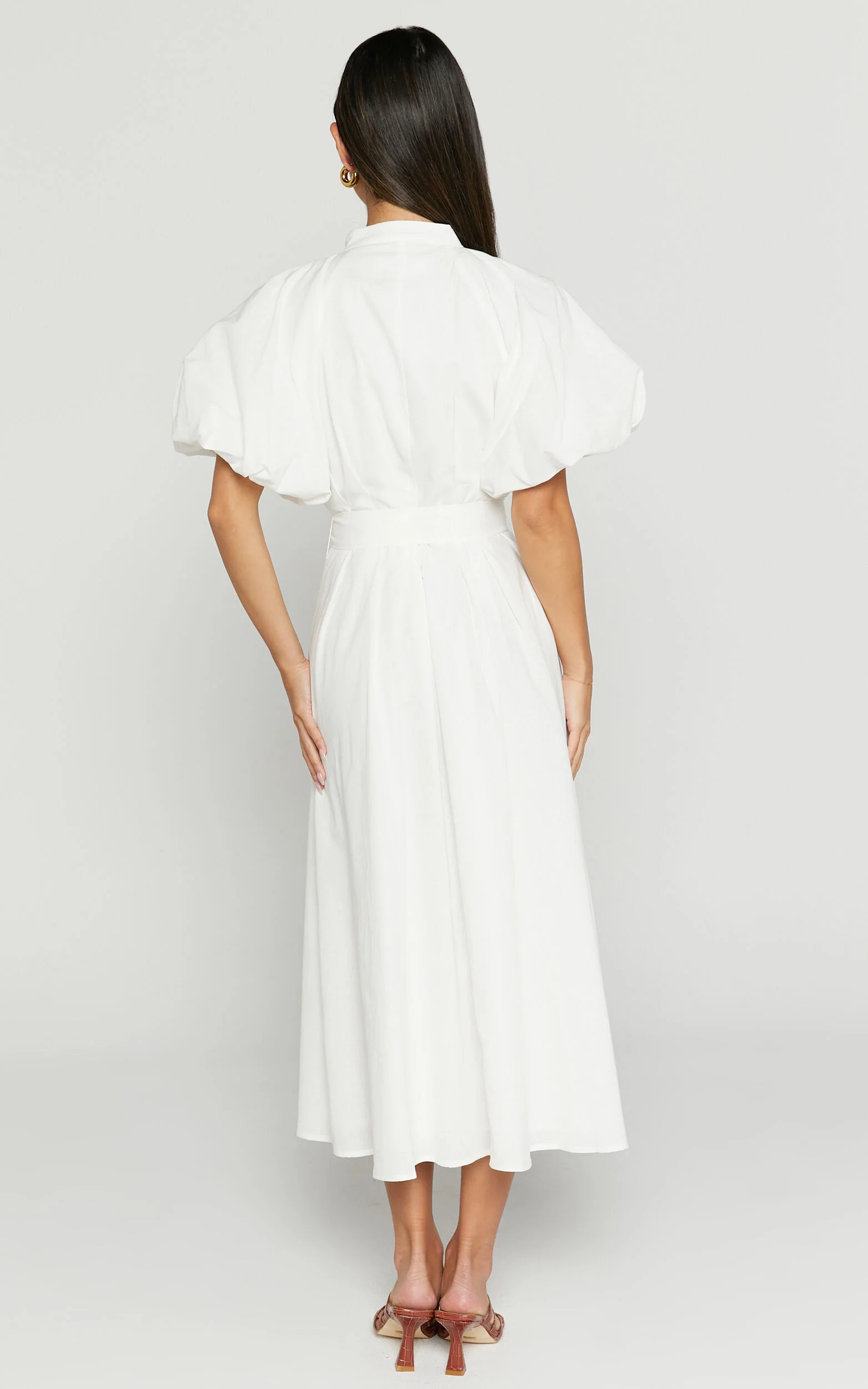 Sabrina Midi Dress - Linen Raglan Sleeve Belted Dress in White