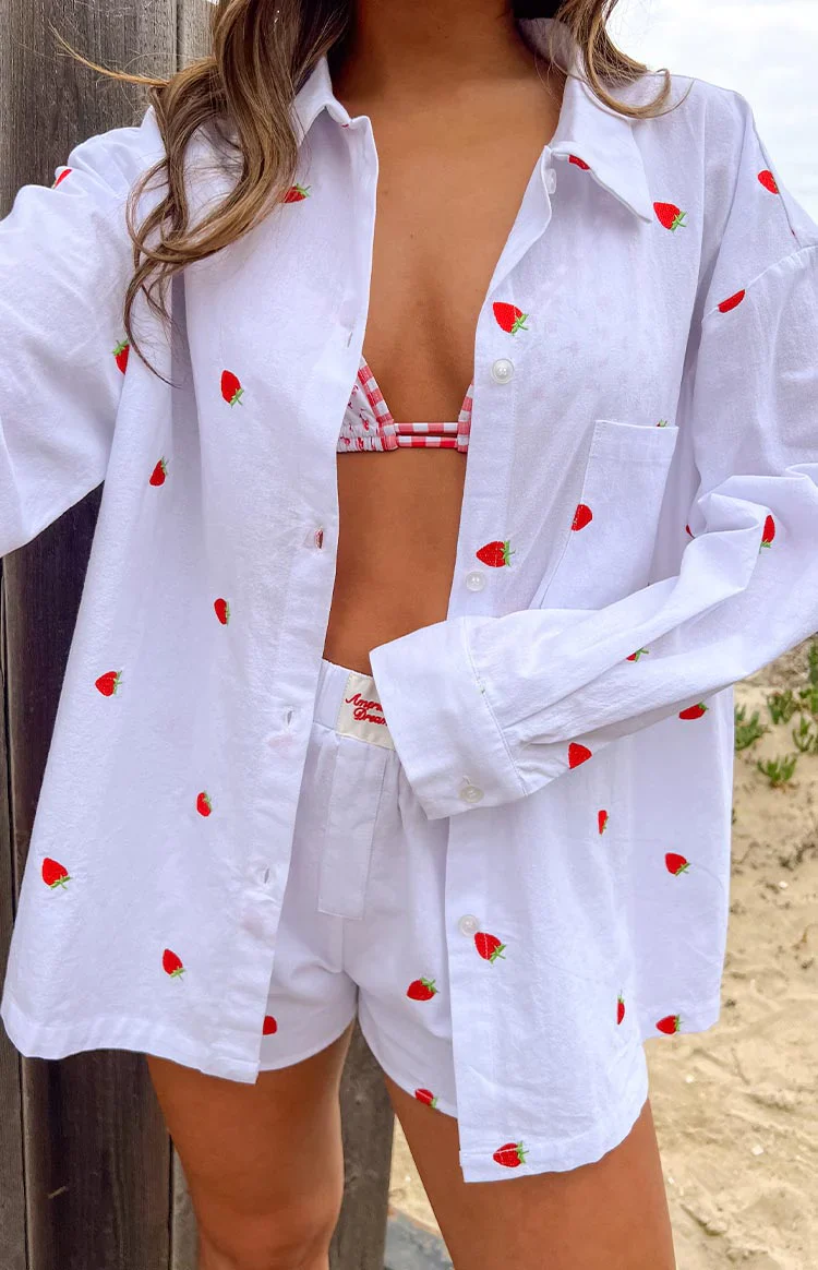 Margarita White Strawberry Embroidered Long Sleeve Shirt