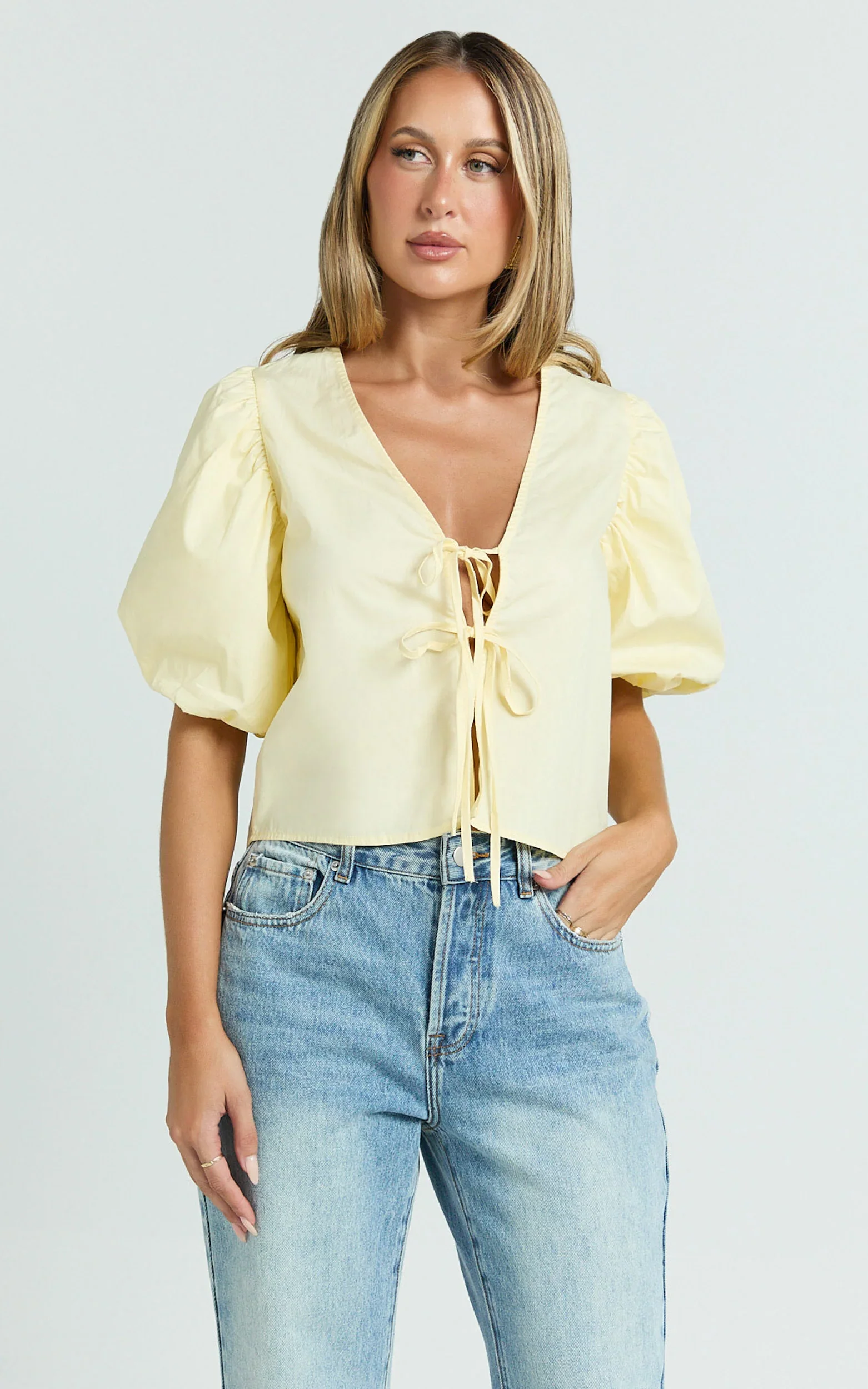 Dana Top - Bow Tie Front Puff Sleeve Blouse in Lemon