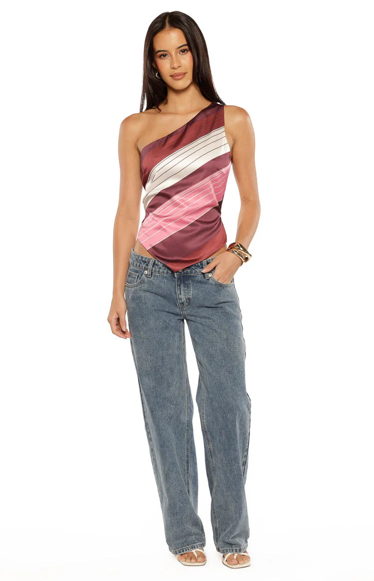Kendall Pink Stripe Asymmetric Satin Top