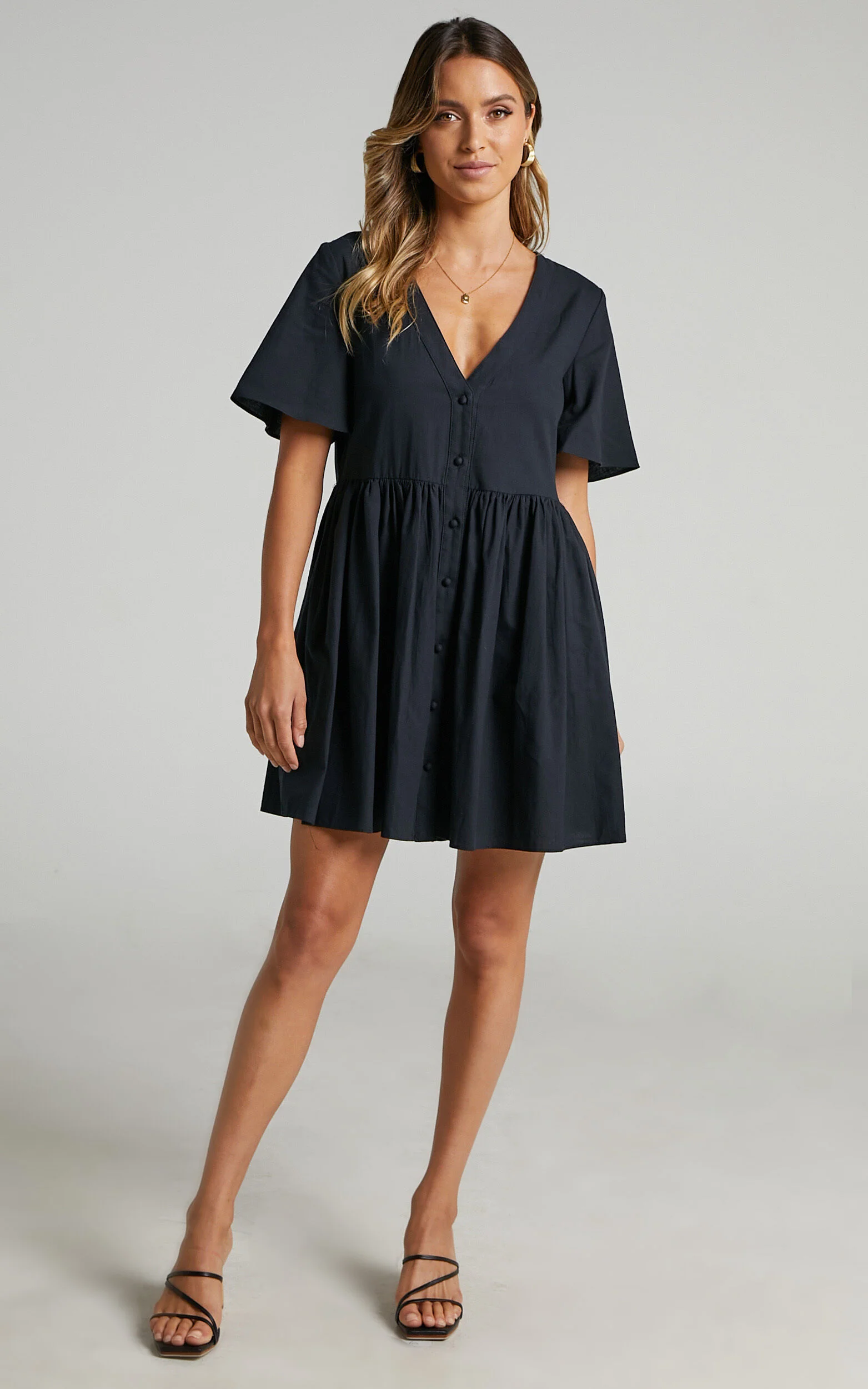 Staycation Mini Dress - Smock Button Up Dress in Black