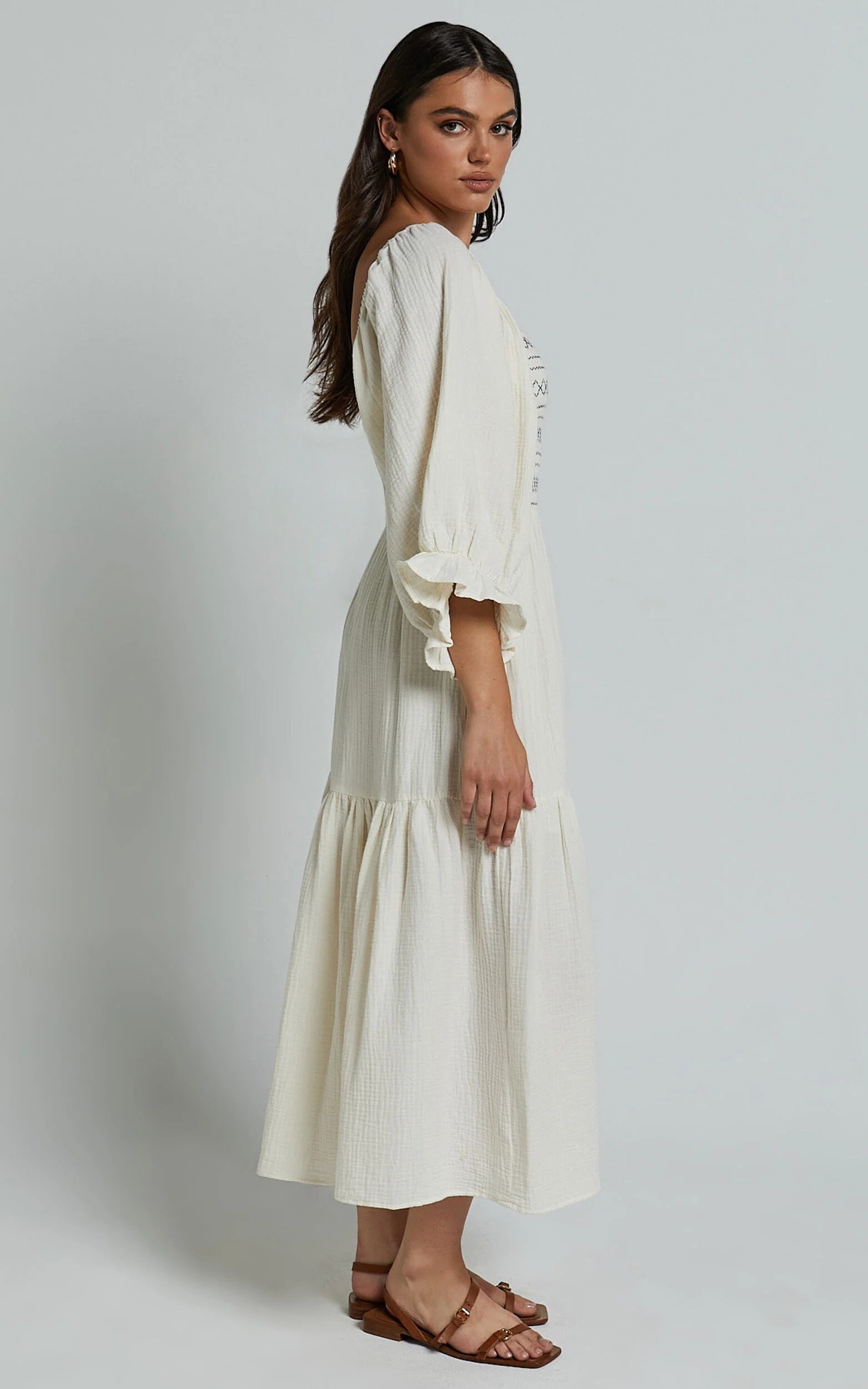 Bellenie Midi Dress - 3/4 Puff Sleeve Square Neck Smock Bodice Tiered Dress in Natural