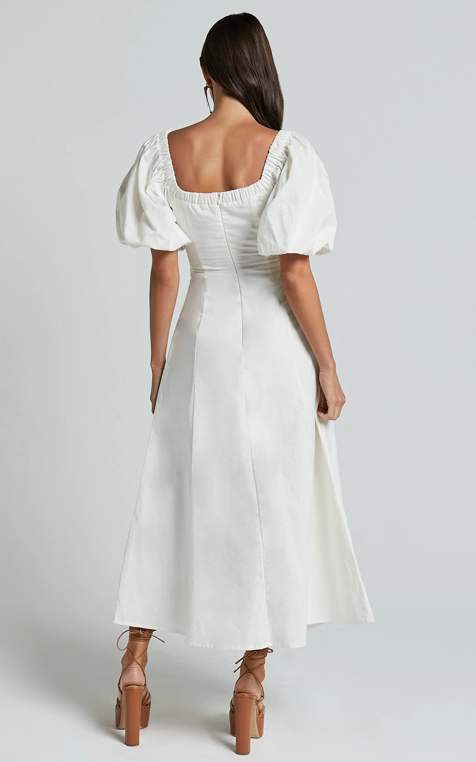 Amalie The Label - Janae Linen Blend Puff Sleeve Cut Out Midi Dress in White