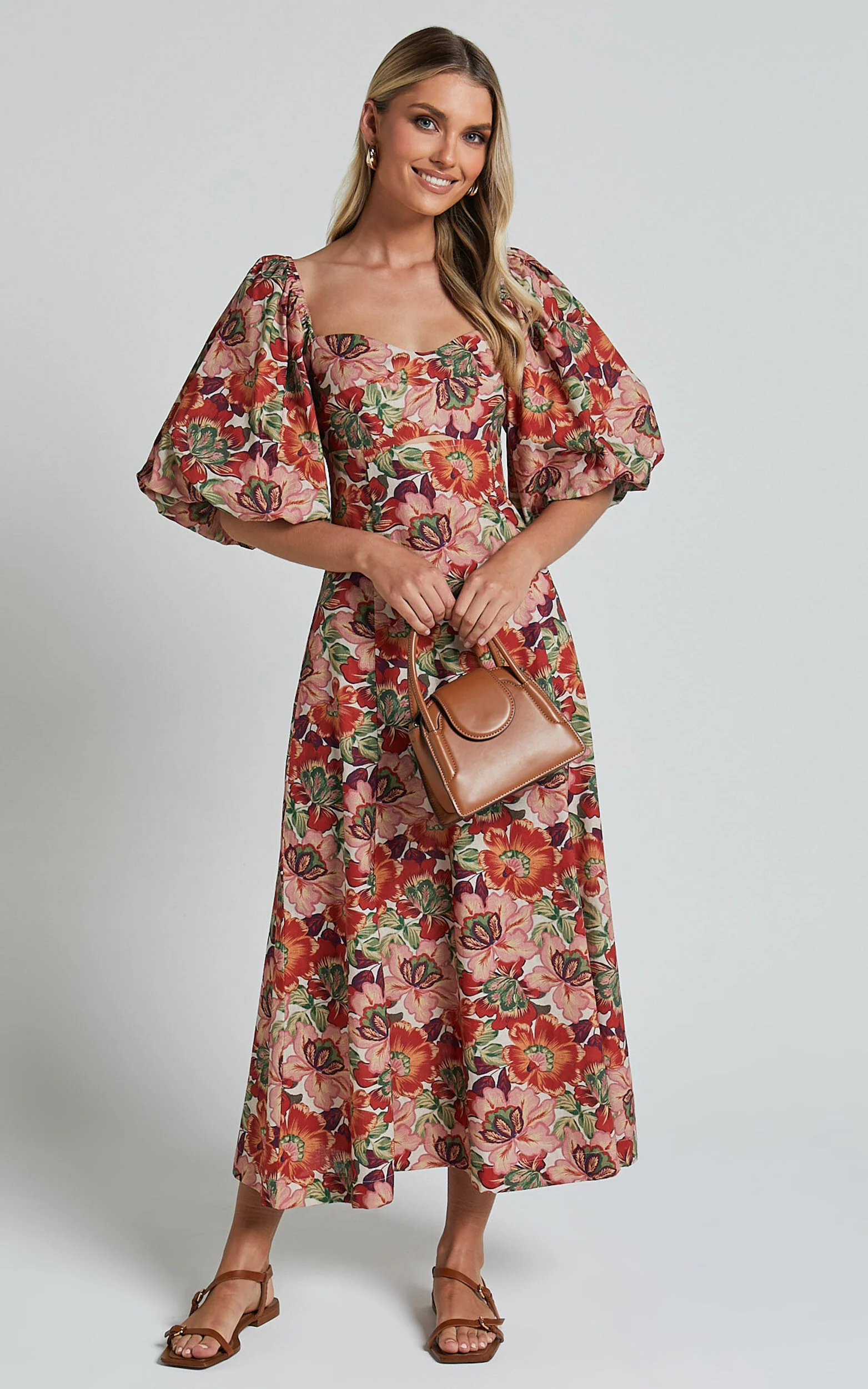 Amalie The Label - Catalina Linen Blend Sweetheart Balloon Sleeve Midi Dress in Musee Print