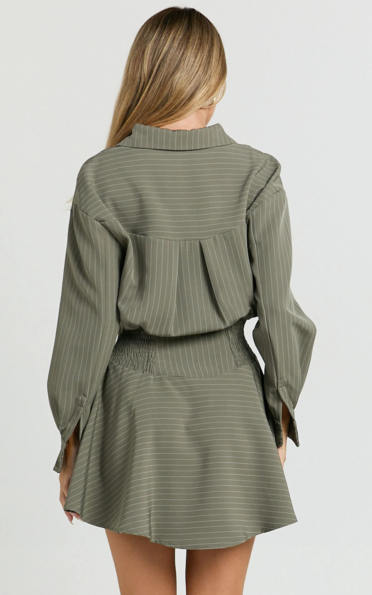 Whitney Mini Dress - Linen Long Sleeve Shirt Dress in Grey Keisha Stripe