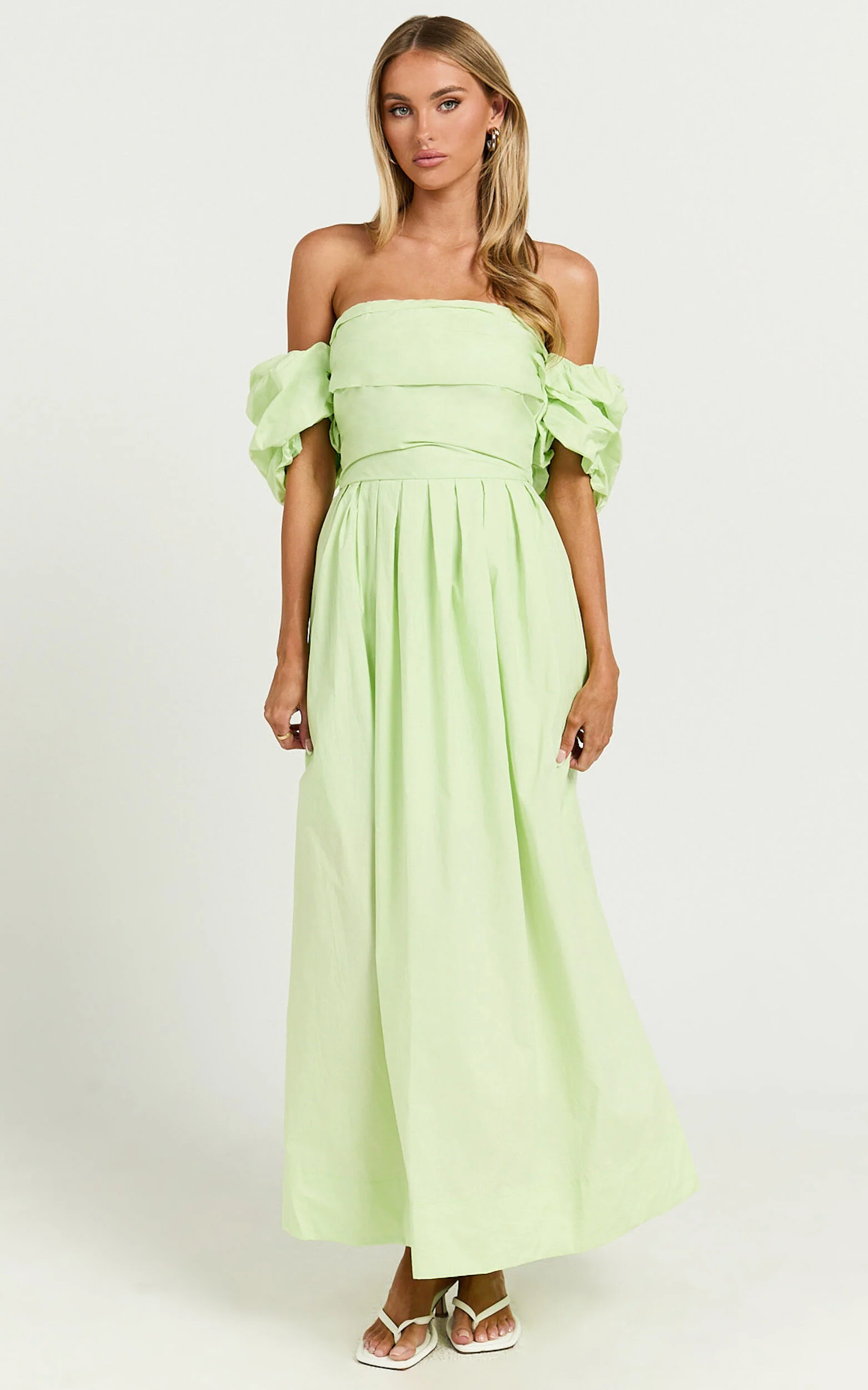 Annie Midi Dress - Off The Shoulder Ruffle Sleeve Pleated Dress in Lime