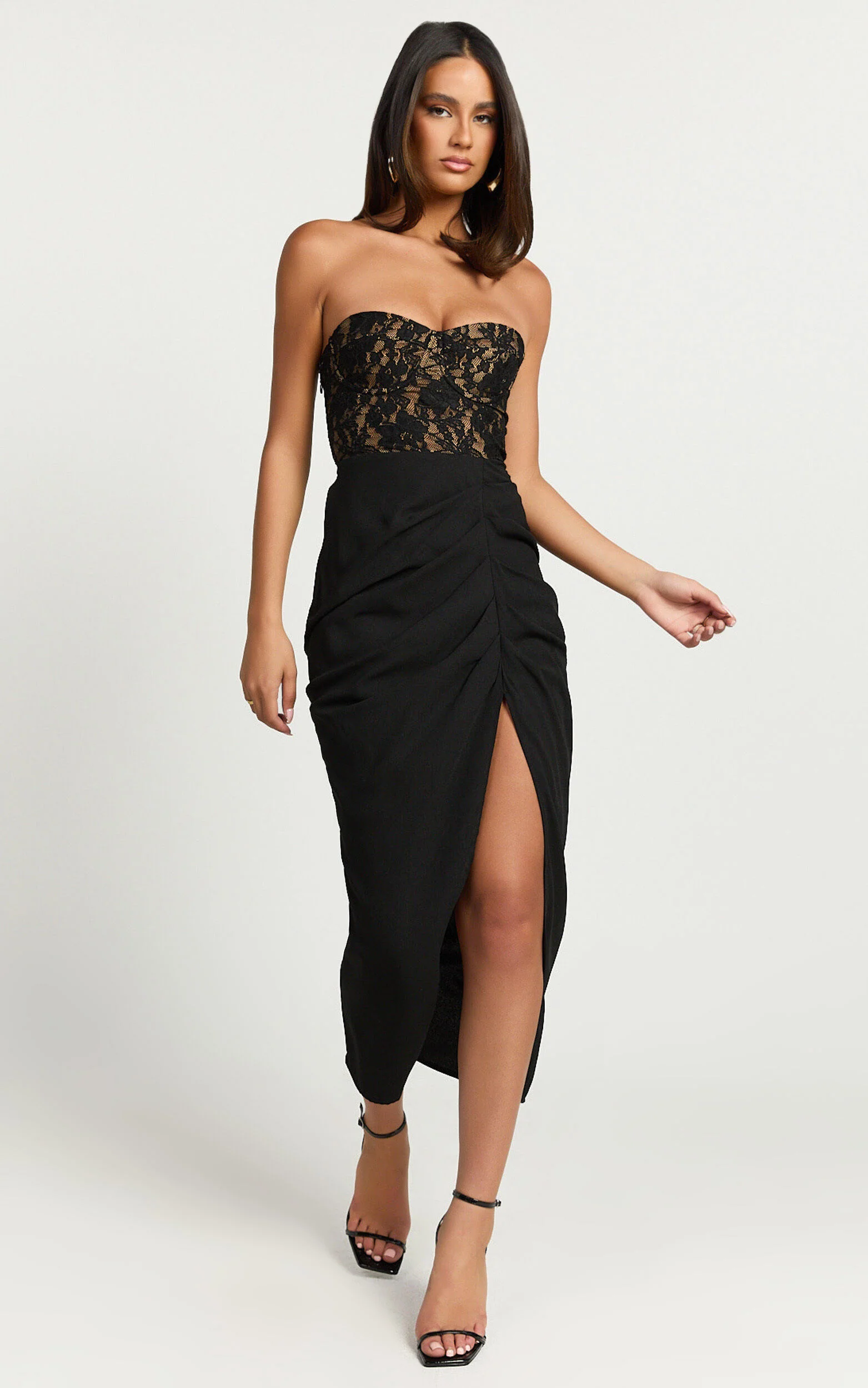 Janet Midi Dress - Strapless Sweetheart Draped Skirt Dress in Black