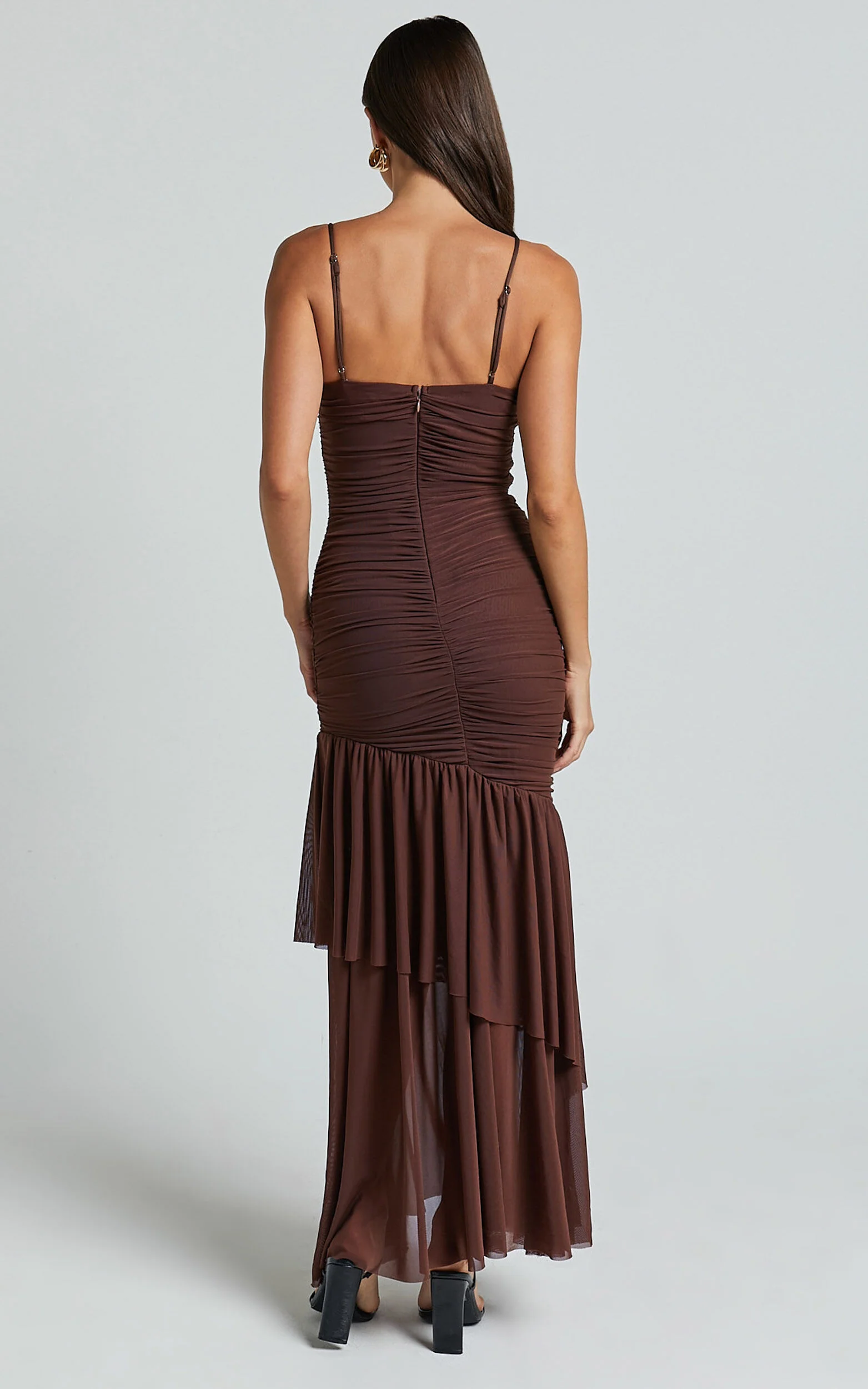 Harlene Maxi Dress- Ruched Mesh Frill Hem Dress in Chocolate