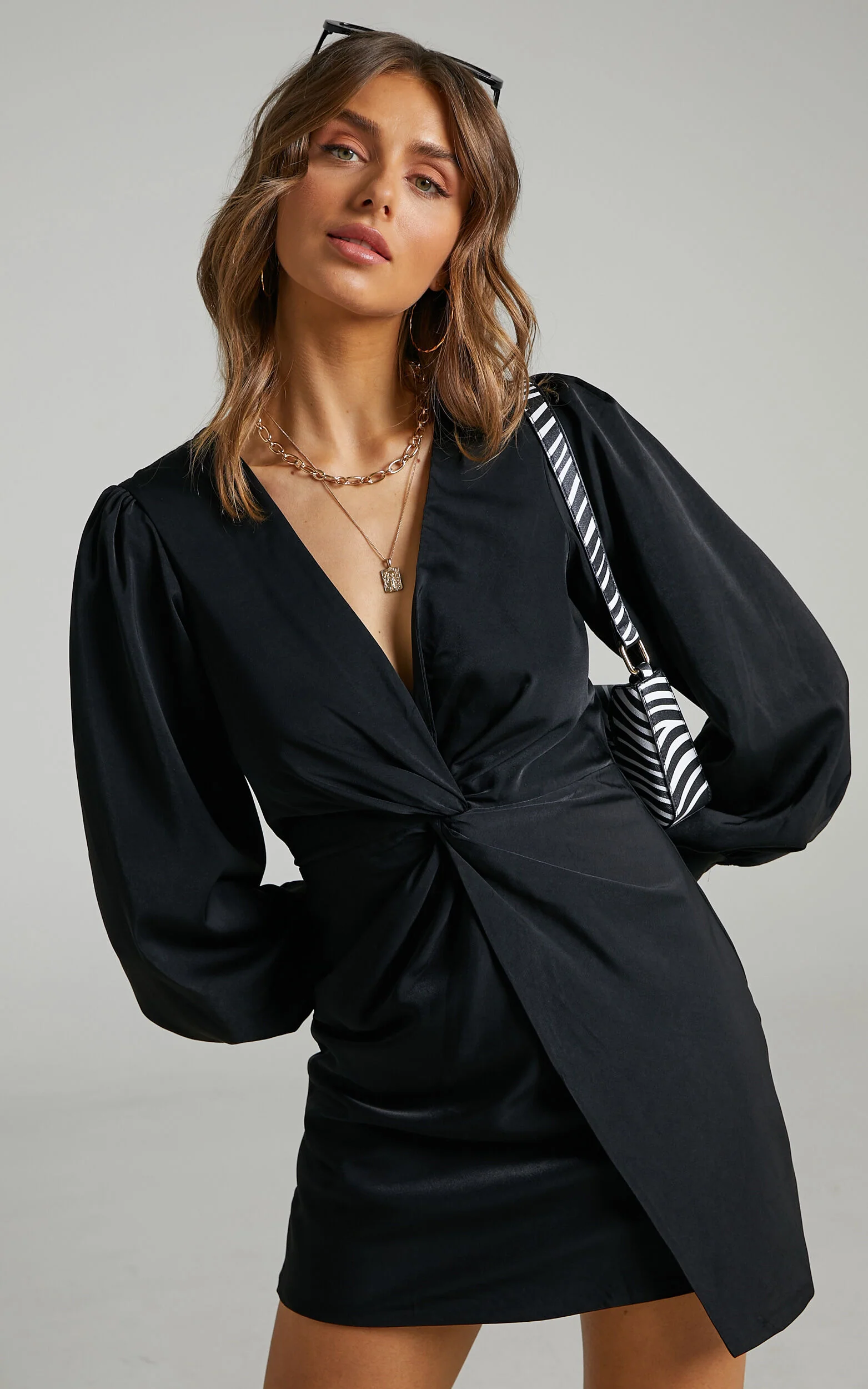 Billie Mini Dress - Twist Front Long Puff Sleeves Dress in Black