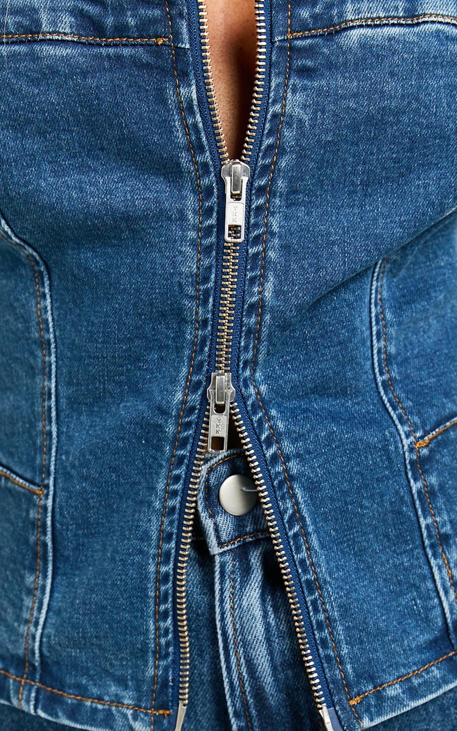 Bellerose Top - Front Zip Denim Fitted Top in Dark Blue Wash