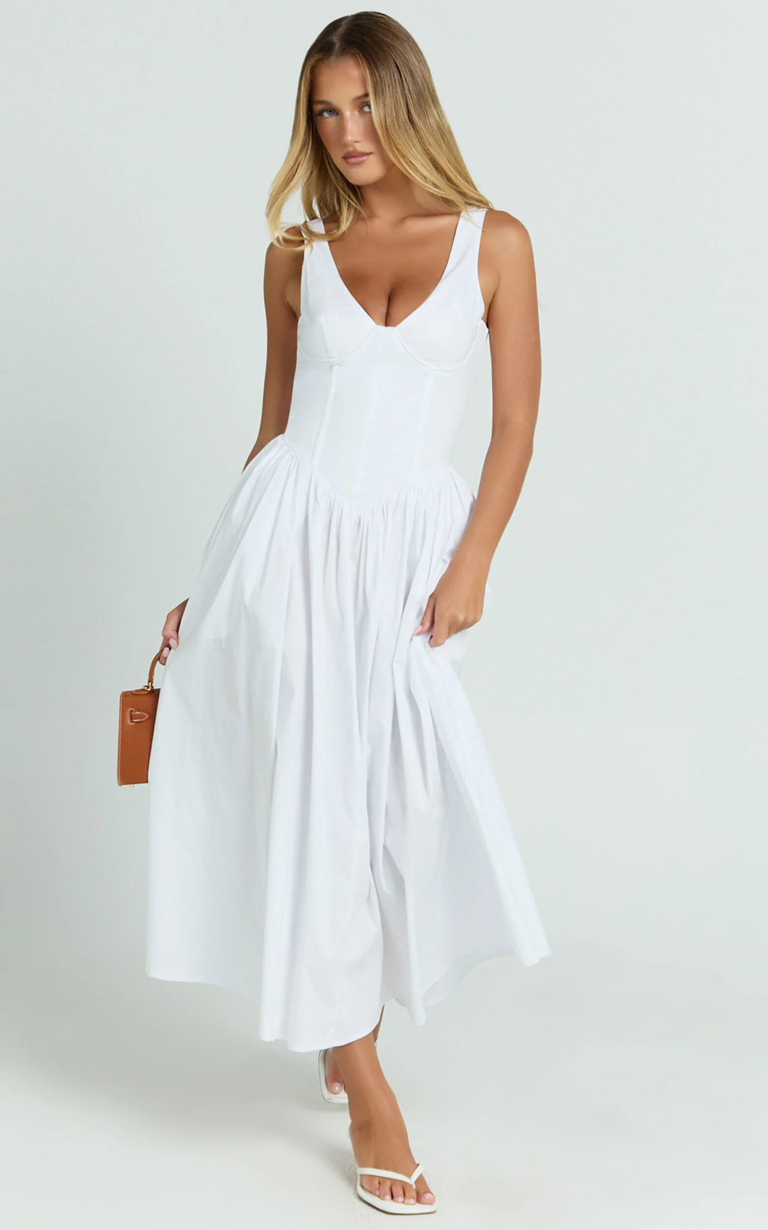 Beckett Midi Dress - Scoop Neck Drop V Waist Gathered Skirt Dress in White