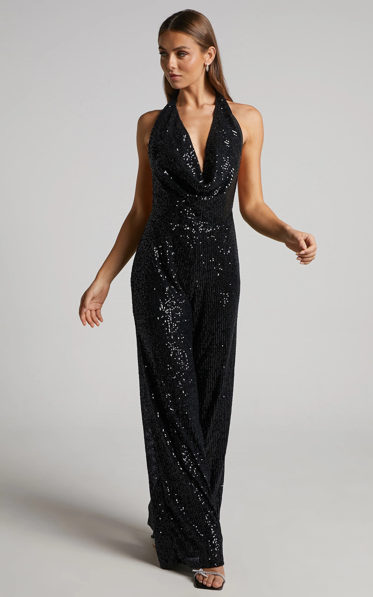 Julien Jumpsuit - Backless Wide Leg Cowl Neck Sequin Jumpsuit in Black