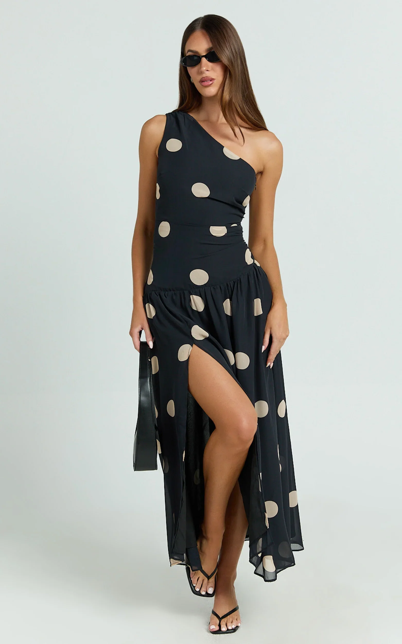 Darlynne Midi Dress - One Shoulder Dress in Black Polkadot