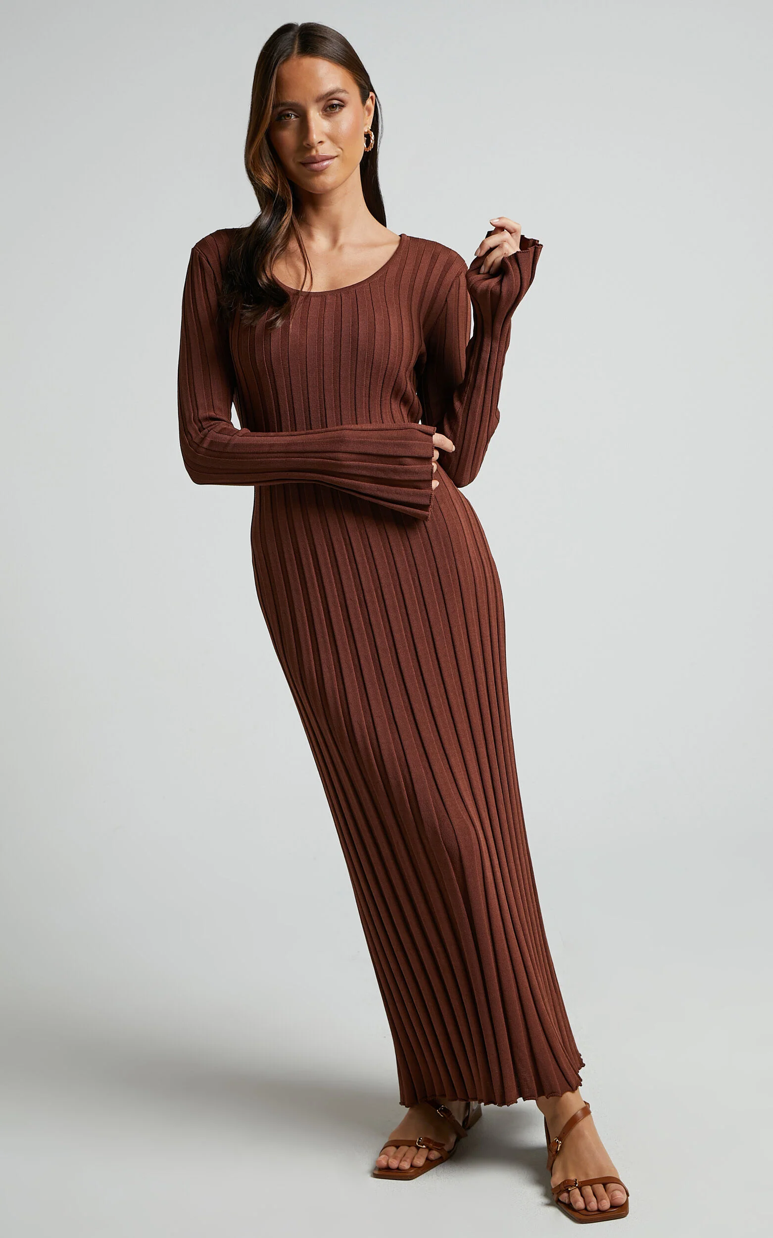 Blaire Midi Dress - Long Sleeve Tie Back Flare Dress in Chocolate