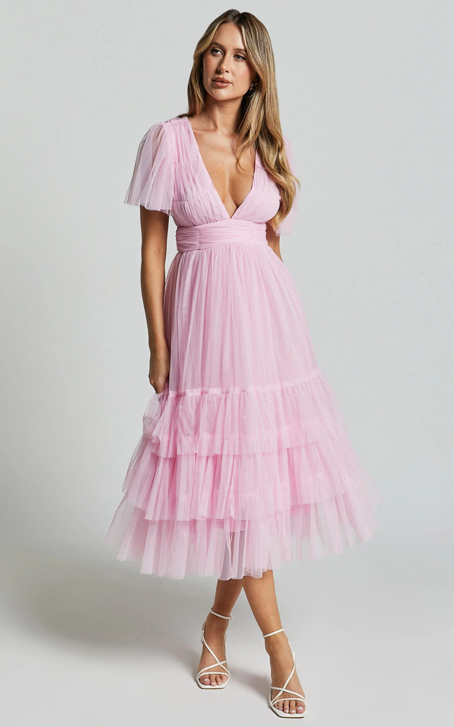 Jiraye Midi Dress - Flutter Sleeve Tuelle Plunge Dress in Ballet Pink