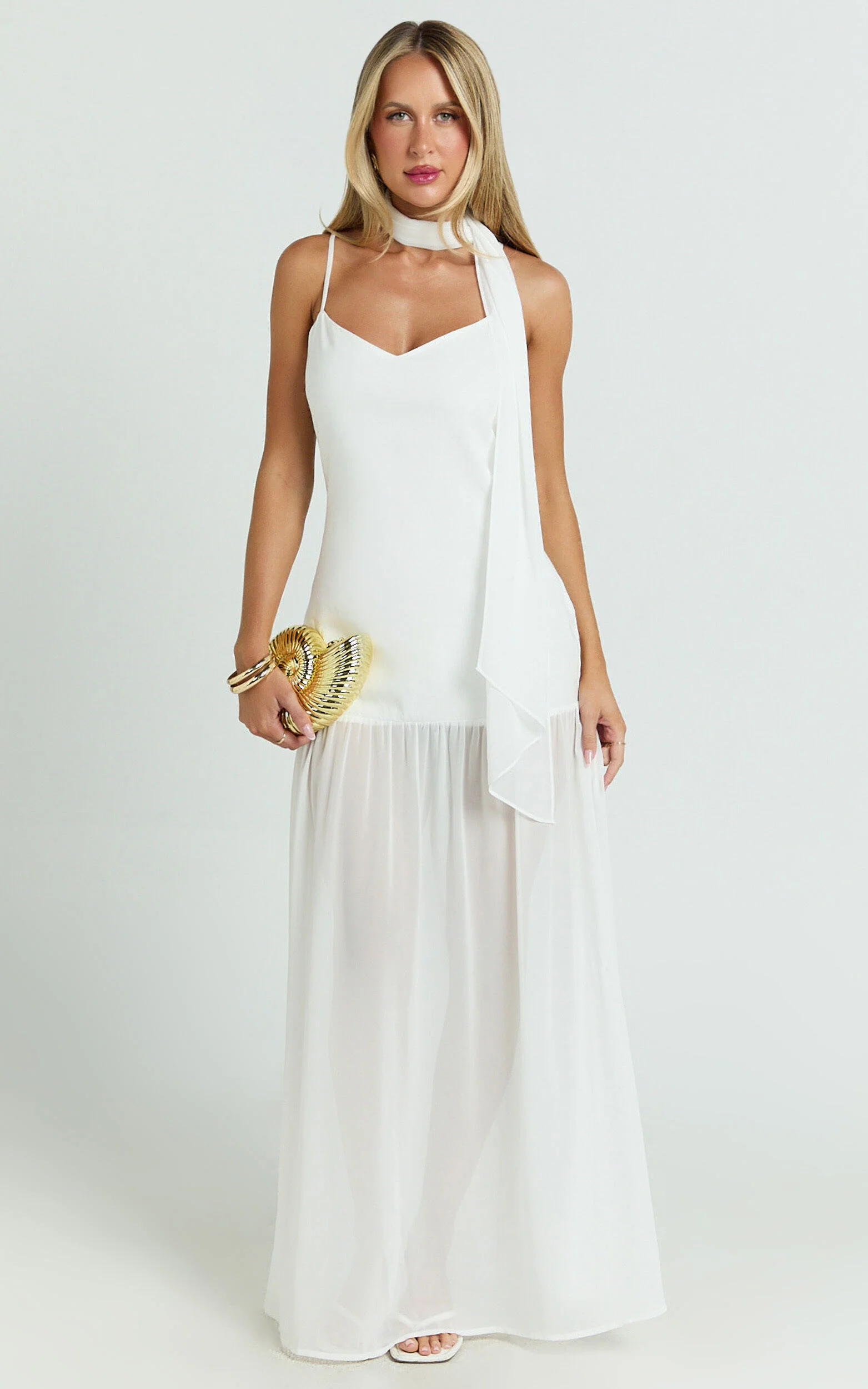 Calvin Maxi Dress - Linen Look Contrast Georgette Skirt with Neck Scarf in White