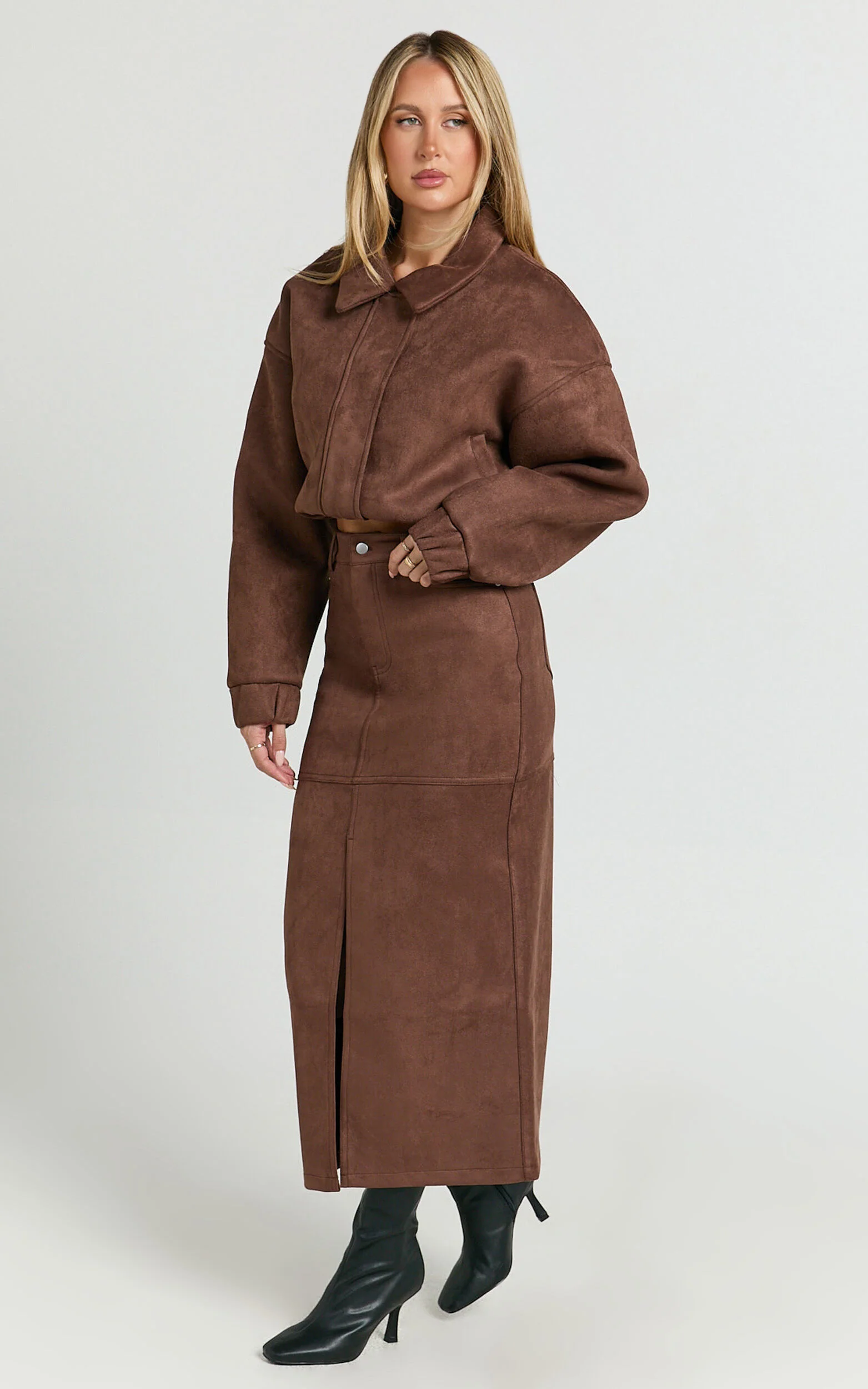 Nessa Midi Skirt - High Waisted Fitted Suede Skirt in Dark Chestnut