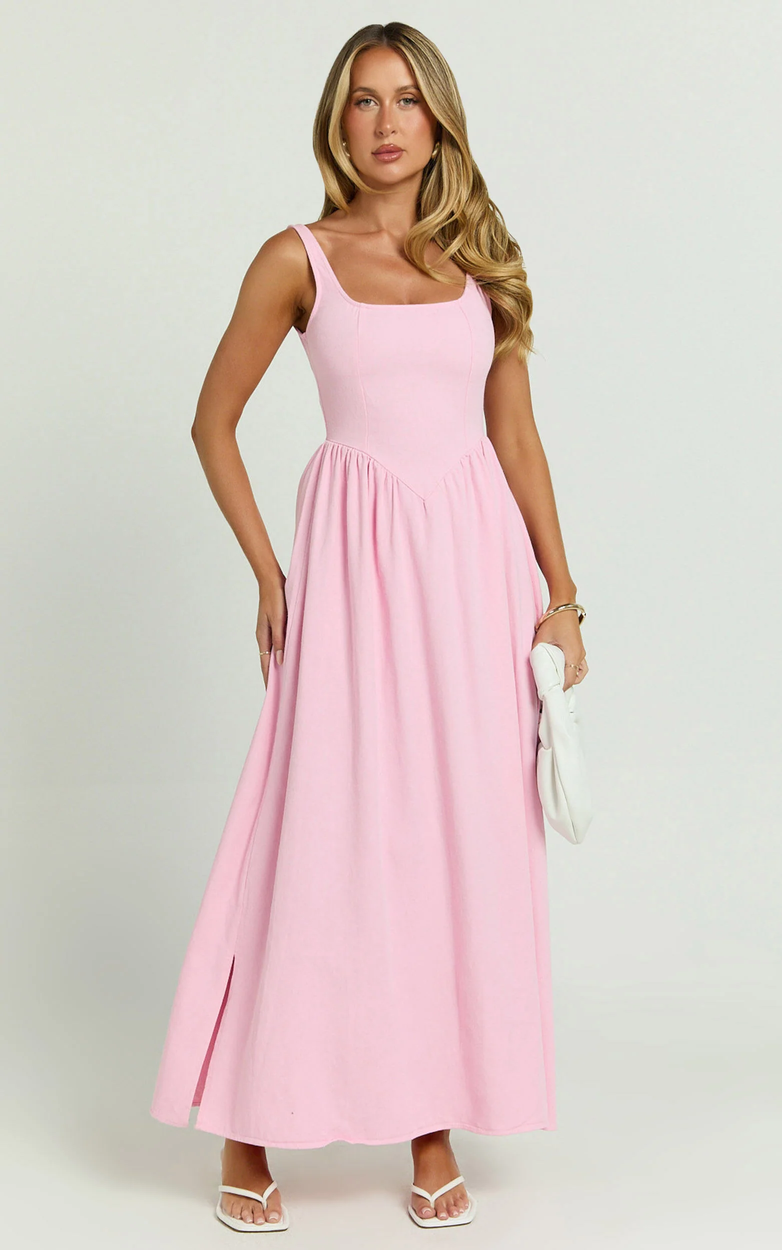 Rhaziya Midi Dress - Sleeveless Straight Neck Fit and Flare Dress in Pink