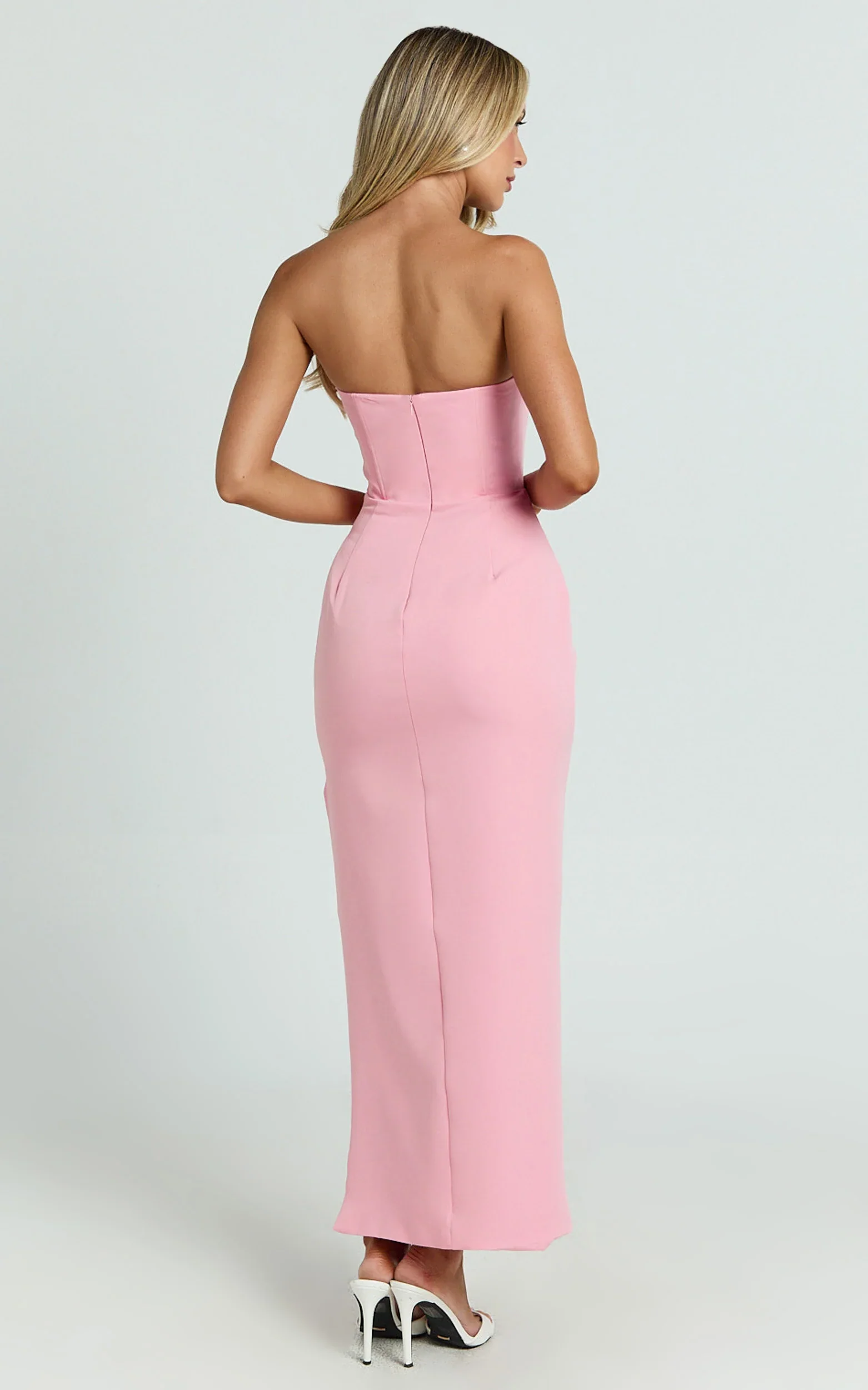 Avery Midi Dress - Strapless Draped Side Split Dress in Pink