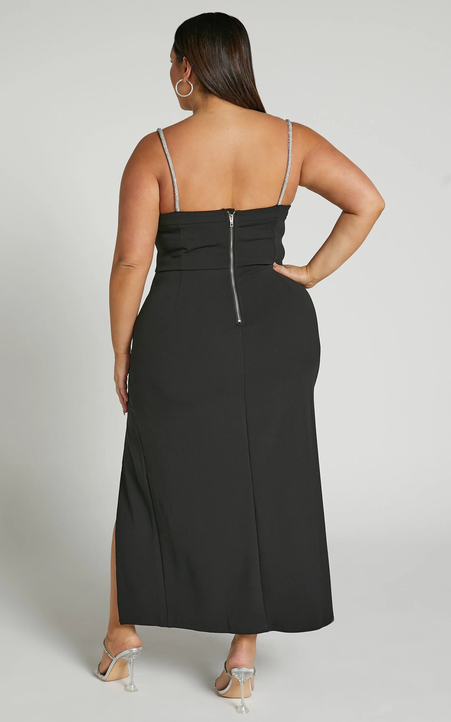 Sharley Midi Dress - Diamante Detail Pencil Dress in Black