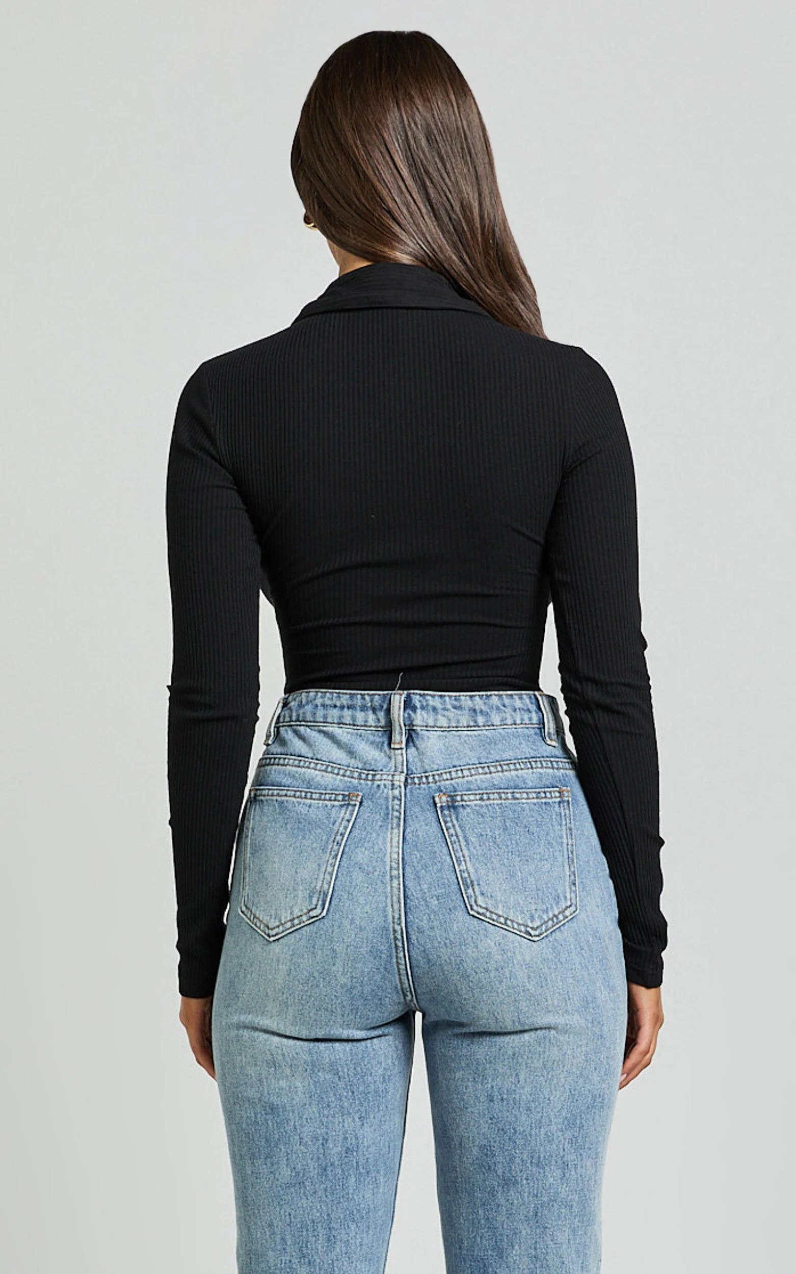 Amira Top - V Neck Long Sleeve Collared Bodysuit in Black