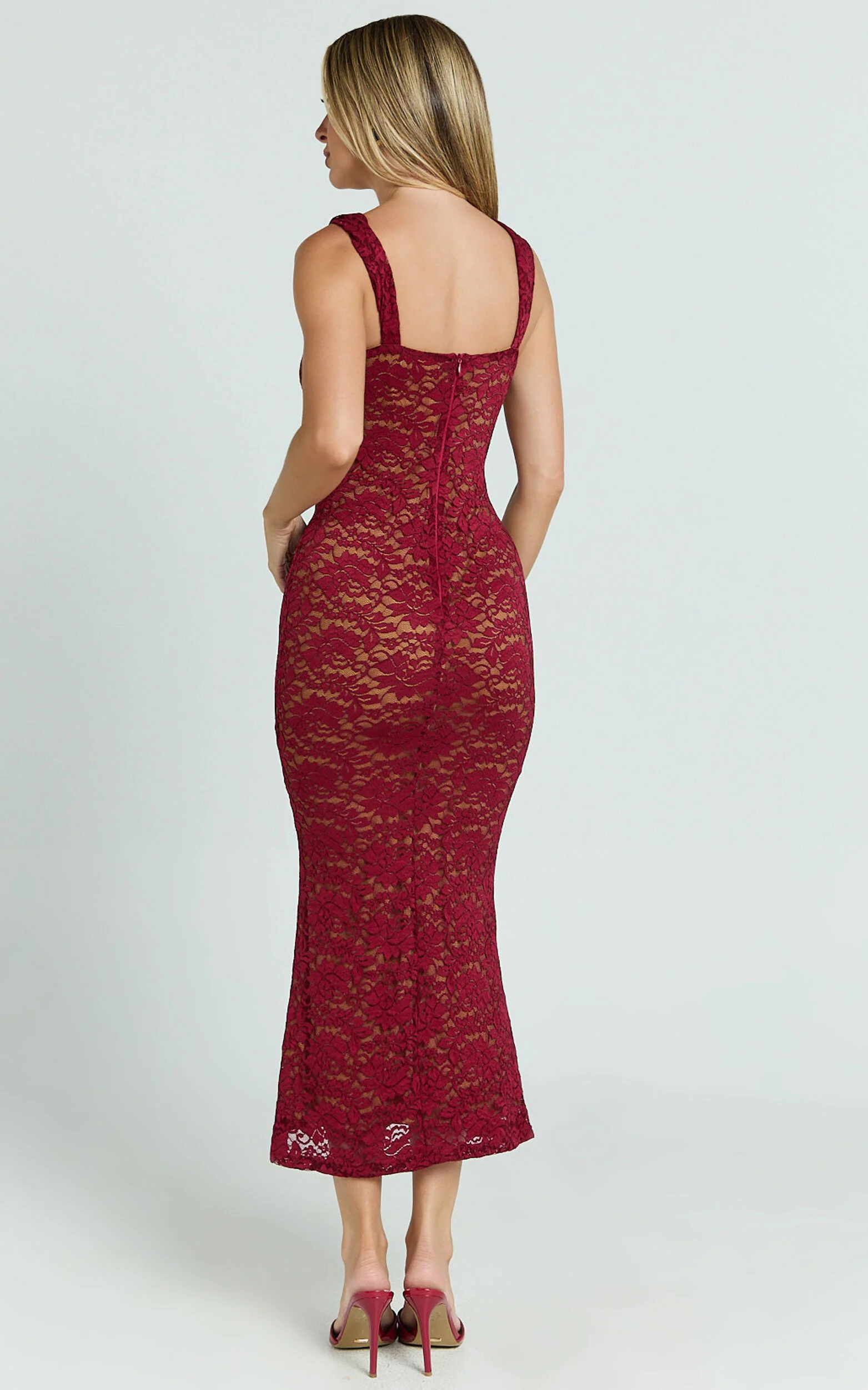 Collette Midi Dress - Ruched Bust Wide Strap Detail Lace Midi Dress in Wine