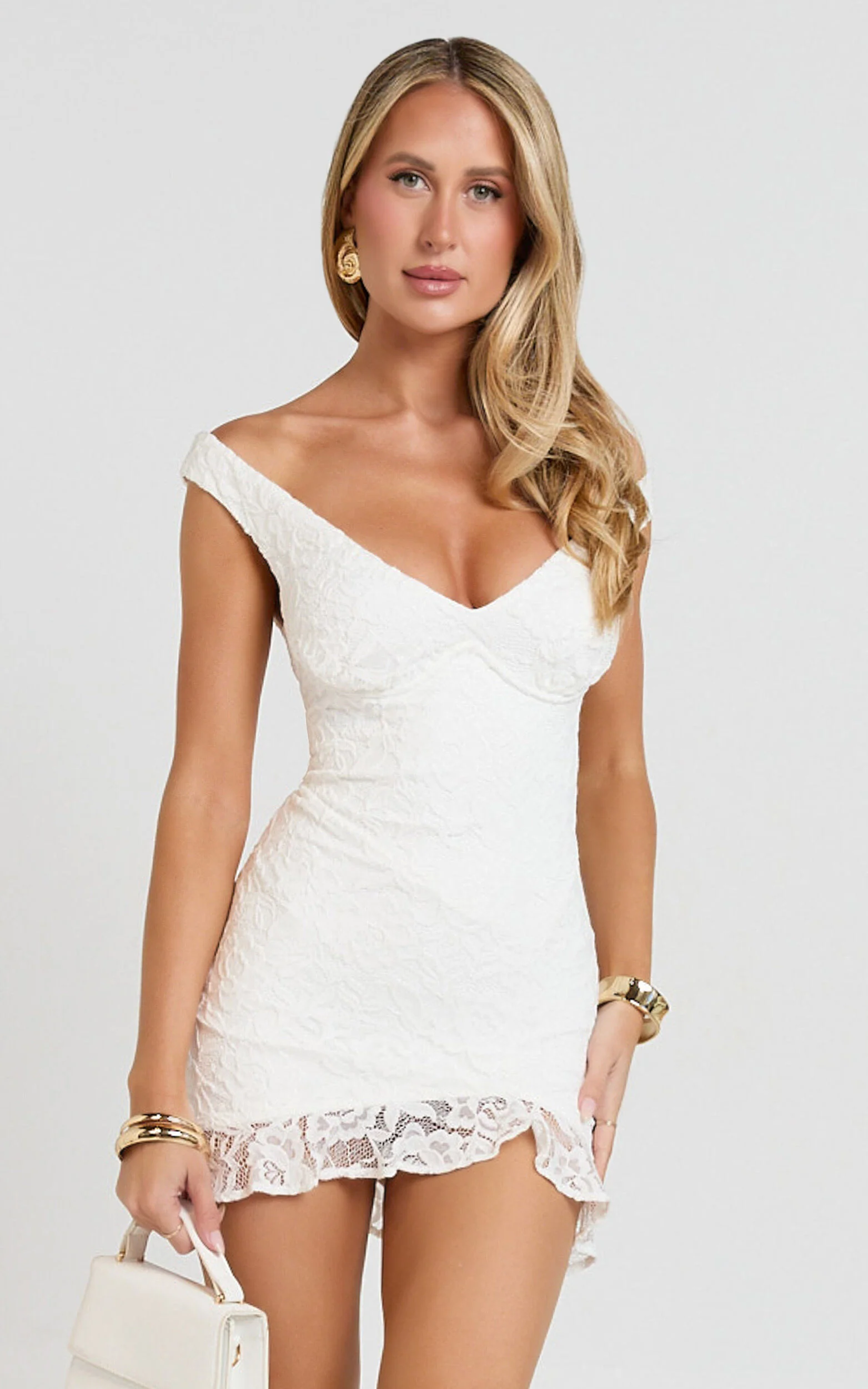 Judai Mini Dress - Lace Off Shoulder A Line Dress in White
