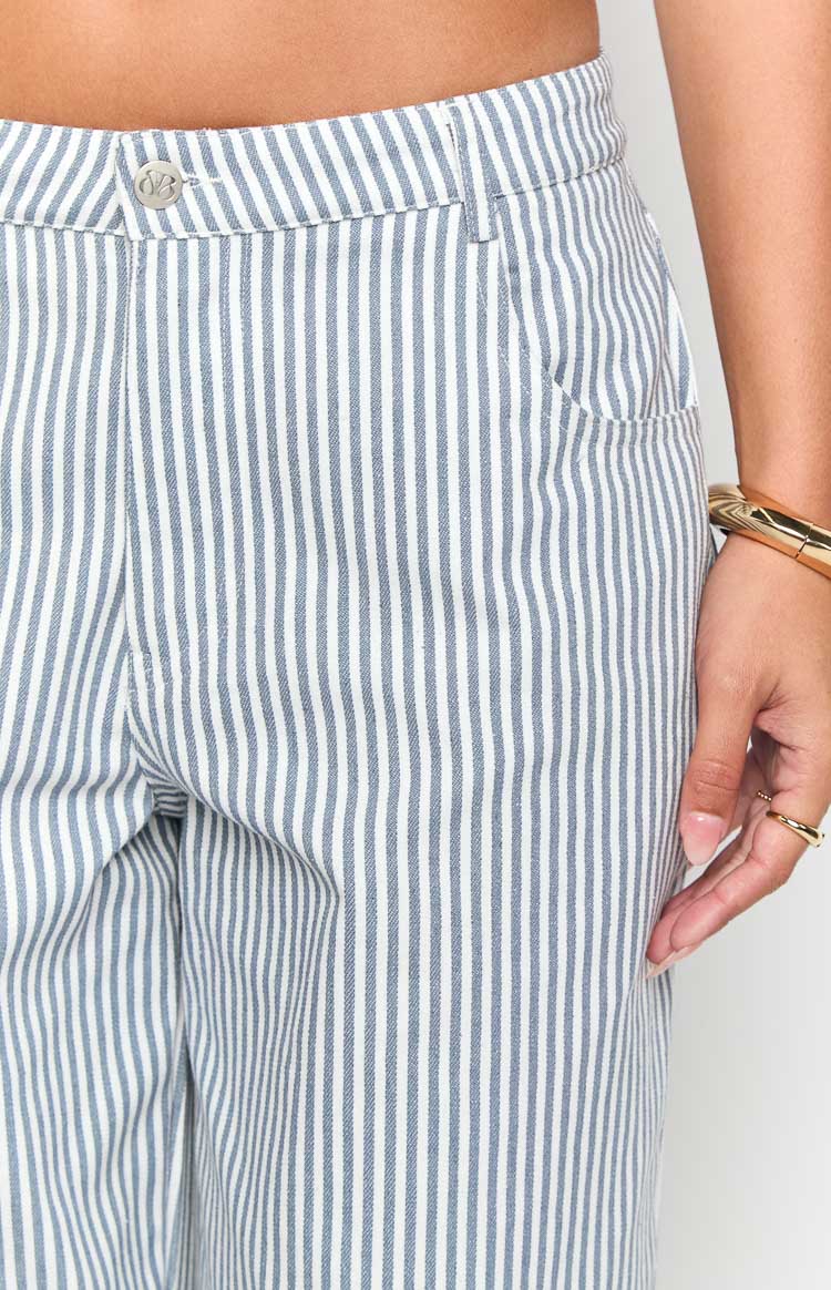 Amity Navy Stripe Mid Rise Straight Leg Jeans