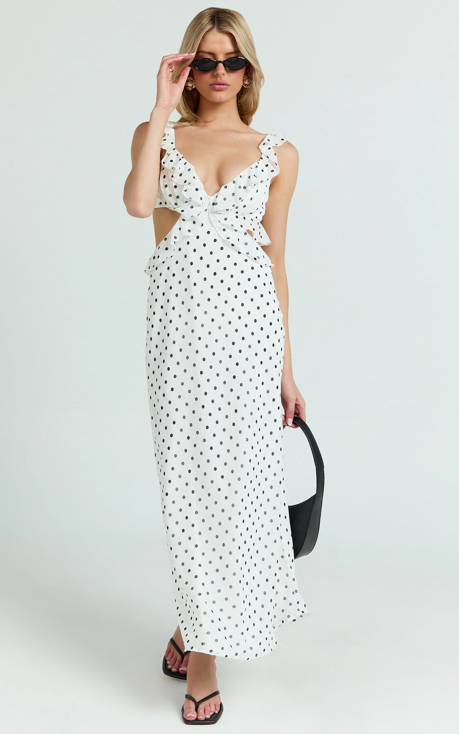 Dahlia Midi Dress - Ruffle Details Slip Dress in White Based Polkadot