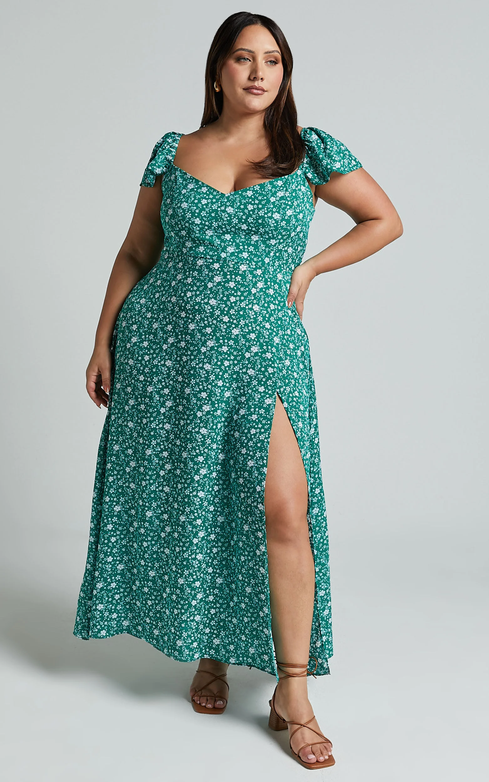 Donissa Midi Dress - Thigh Split Flutter Sleeve Dress in Green